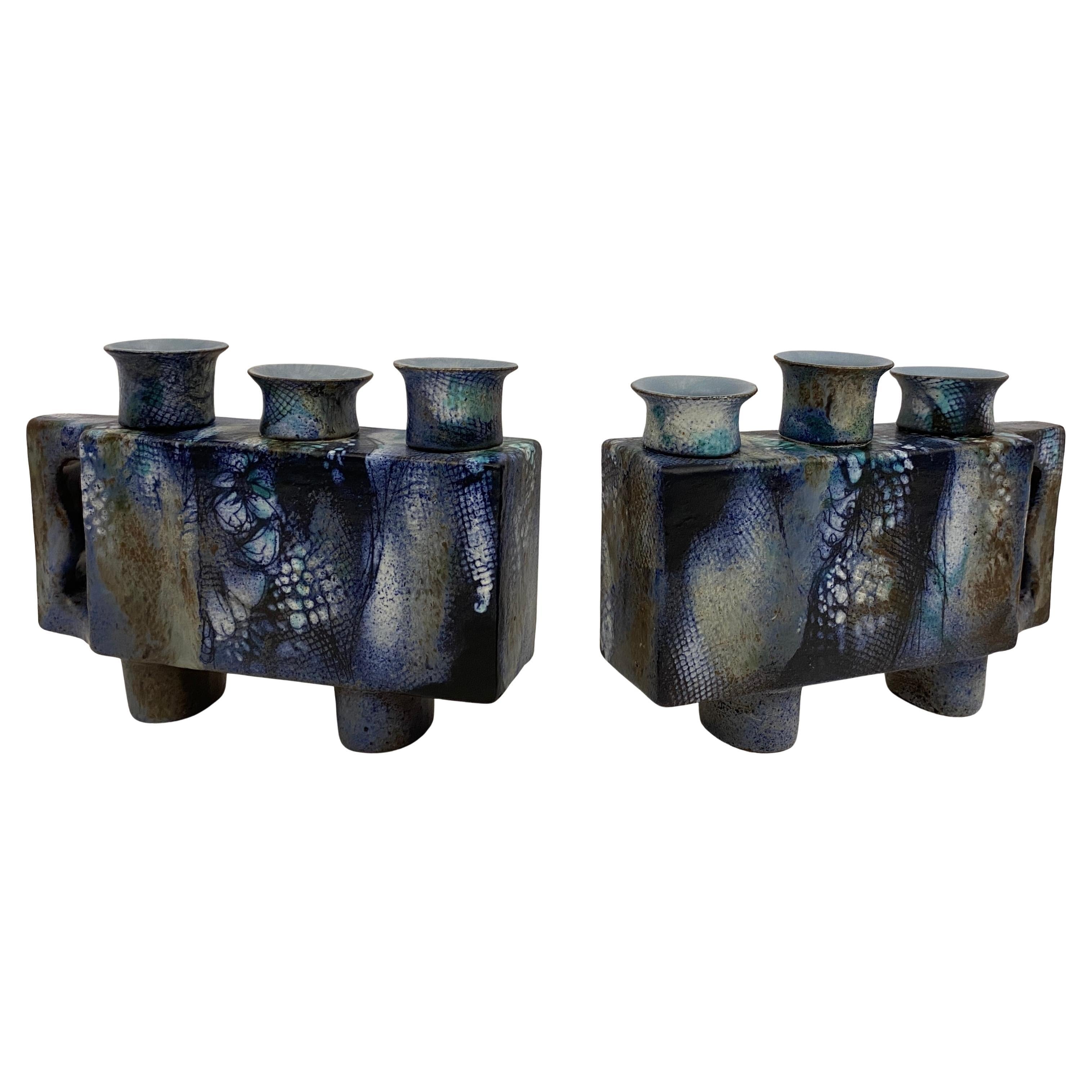 Pair of French Mid Century Modern Ceramic Candle Holders signed ONET For Sale