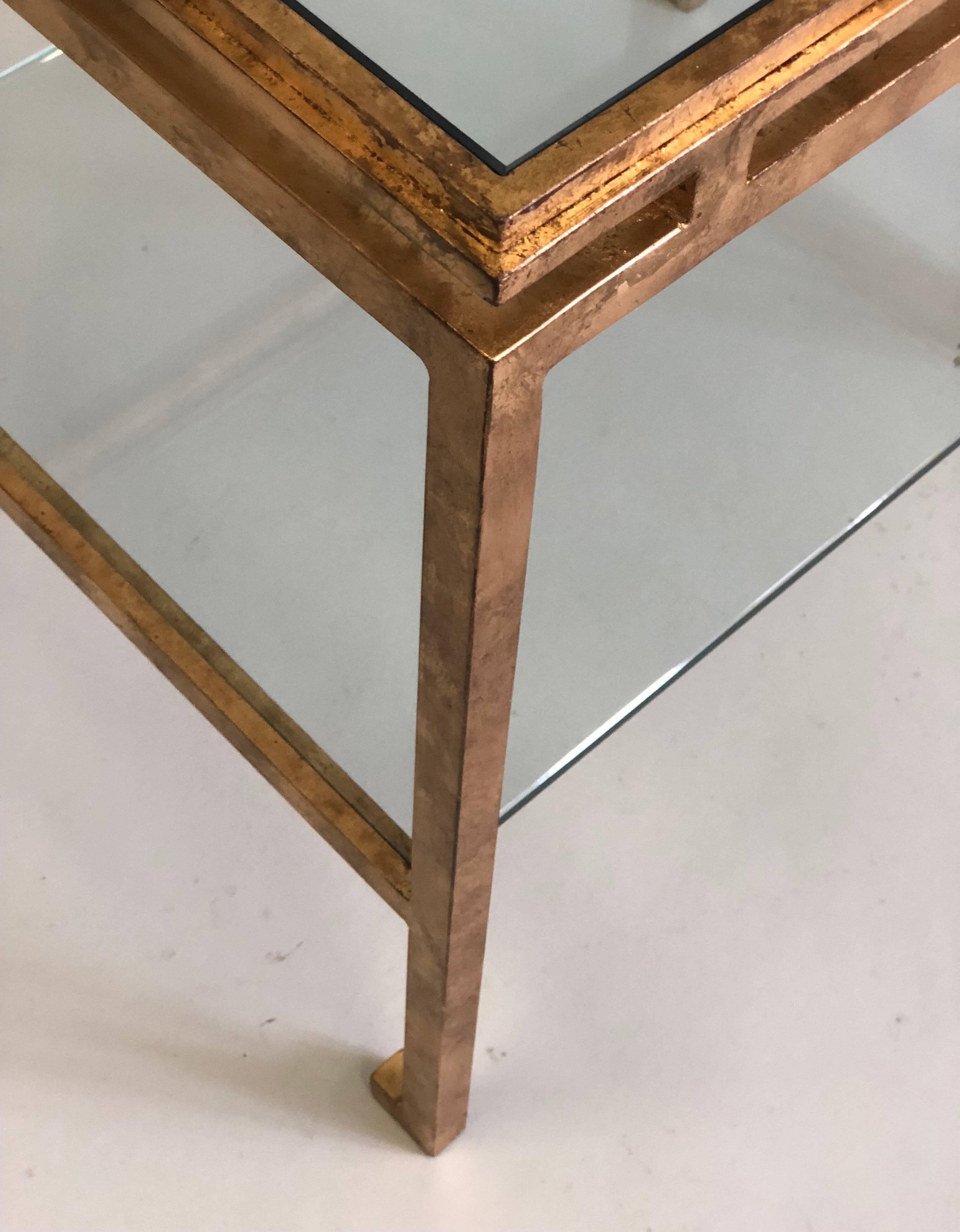 Glass Pair of French Mid-Century Modern Gilt Iron Side / End Tables by Maison Ramsay For Sale