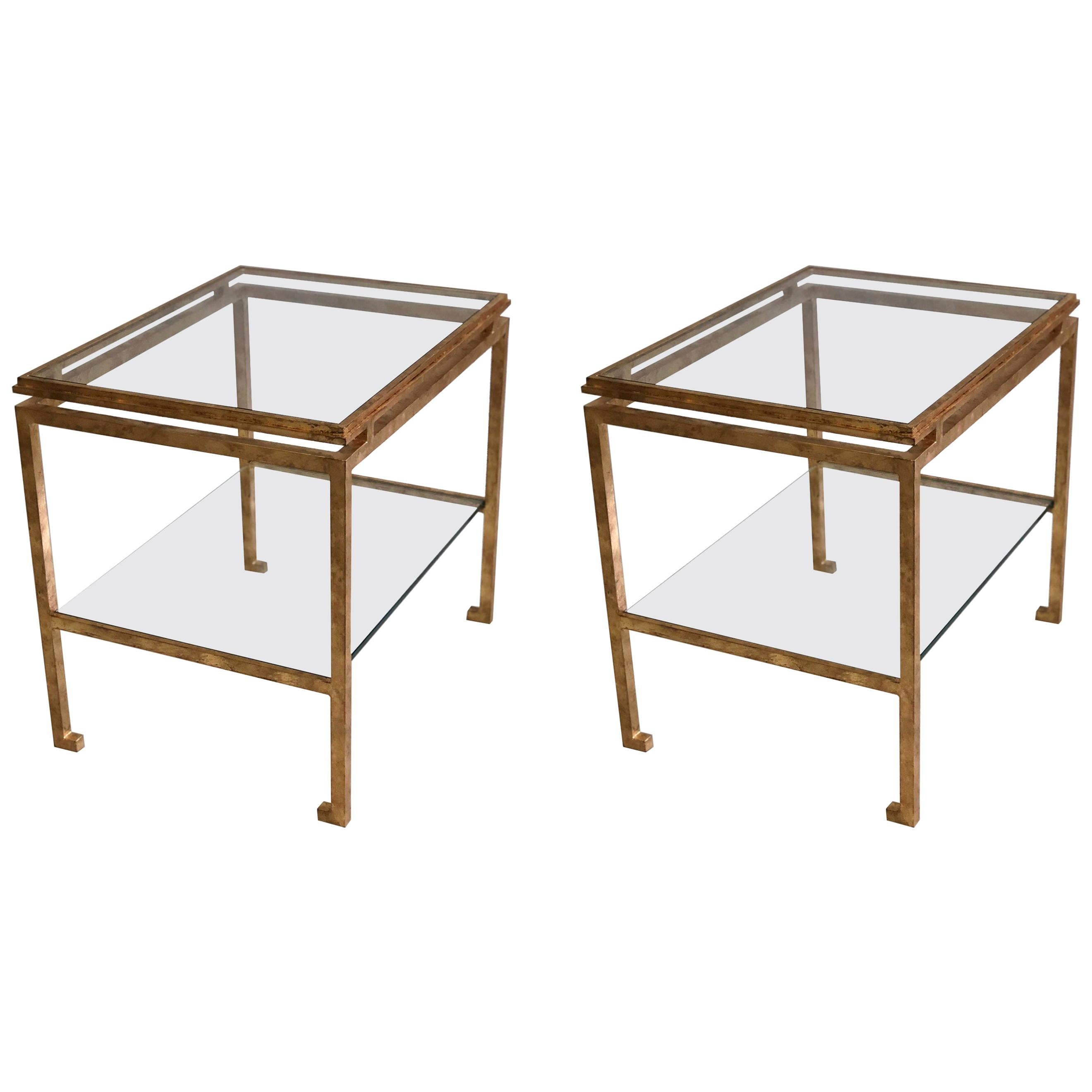 Pair of French Mid-Century Modern Gilt Iron Side / End Tables by Maison Ramsay