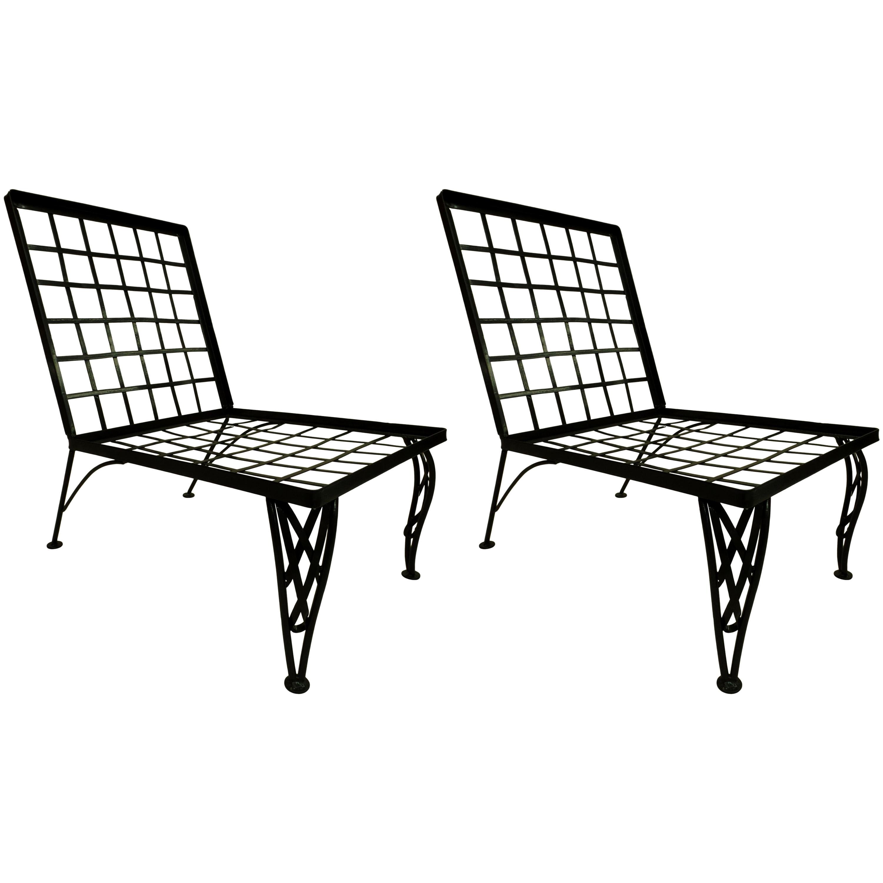 Pair French Mid-Century Modern Grid Back Iron Lounge Chairs, Rene Gabriel Style