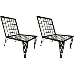 Vintage Pair French Mid-Century Modern Grid Back Iron Lounge Chairs, Rene Gabriel Style