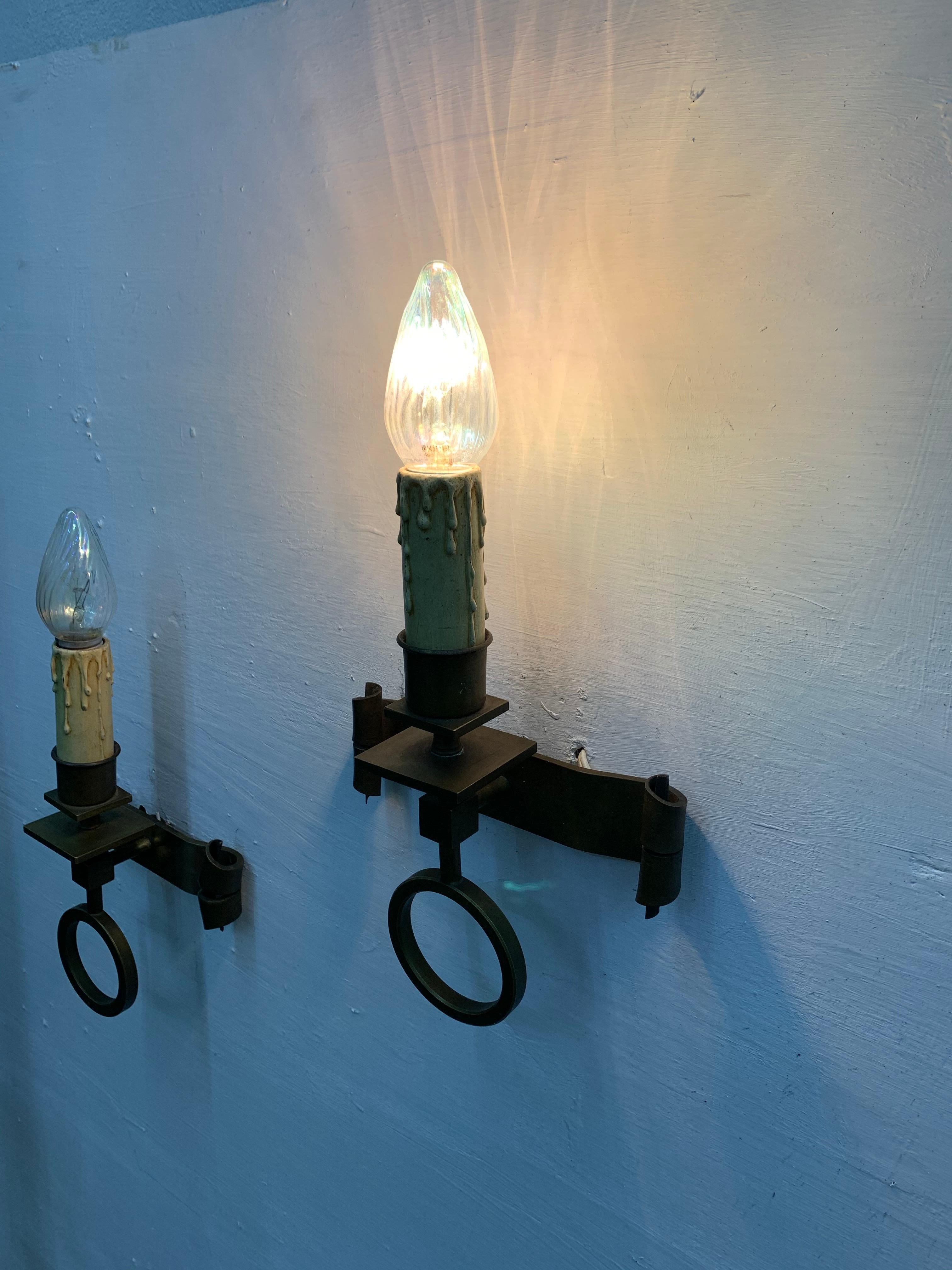 Pair of French Mid-Century Modern Handwrought Brass Sconces, circa 1950s For Sale 6