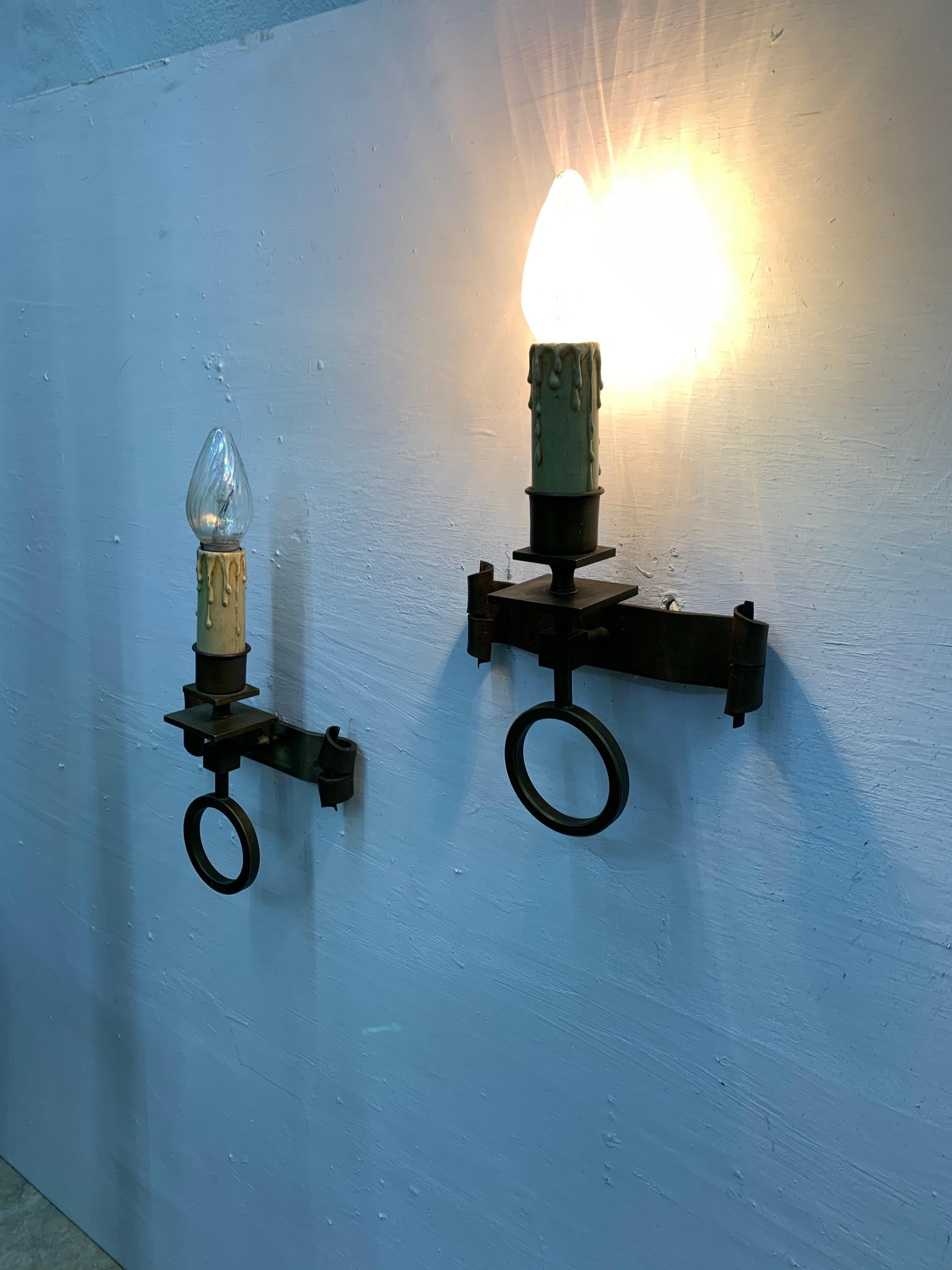 Pair of French Mid-Century Modern Handwrought Brass Sconces, circa 1950s For Sale 7