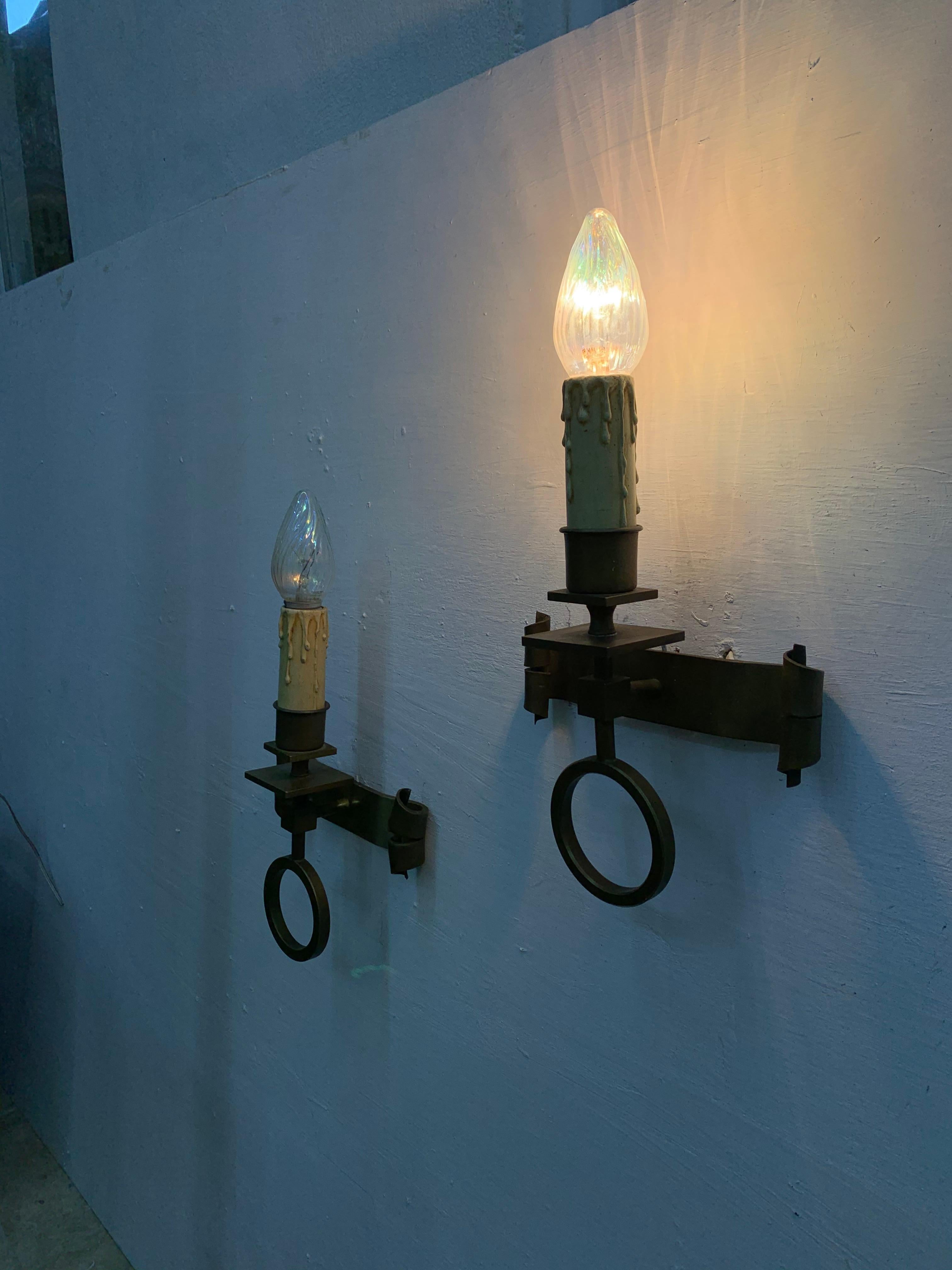 Pair of French Mid-Century Modern Handwrought Brass Sconces, circa 1950s For Sale 8