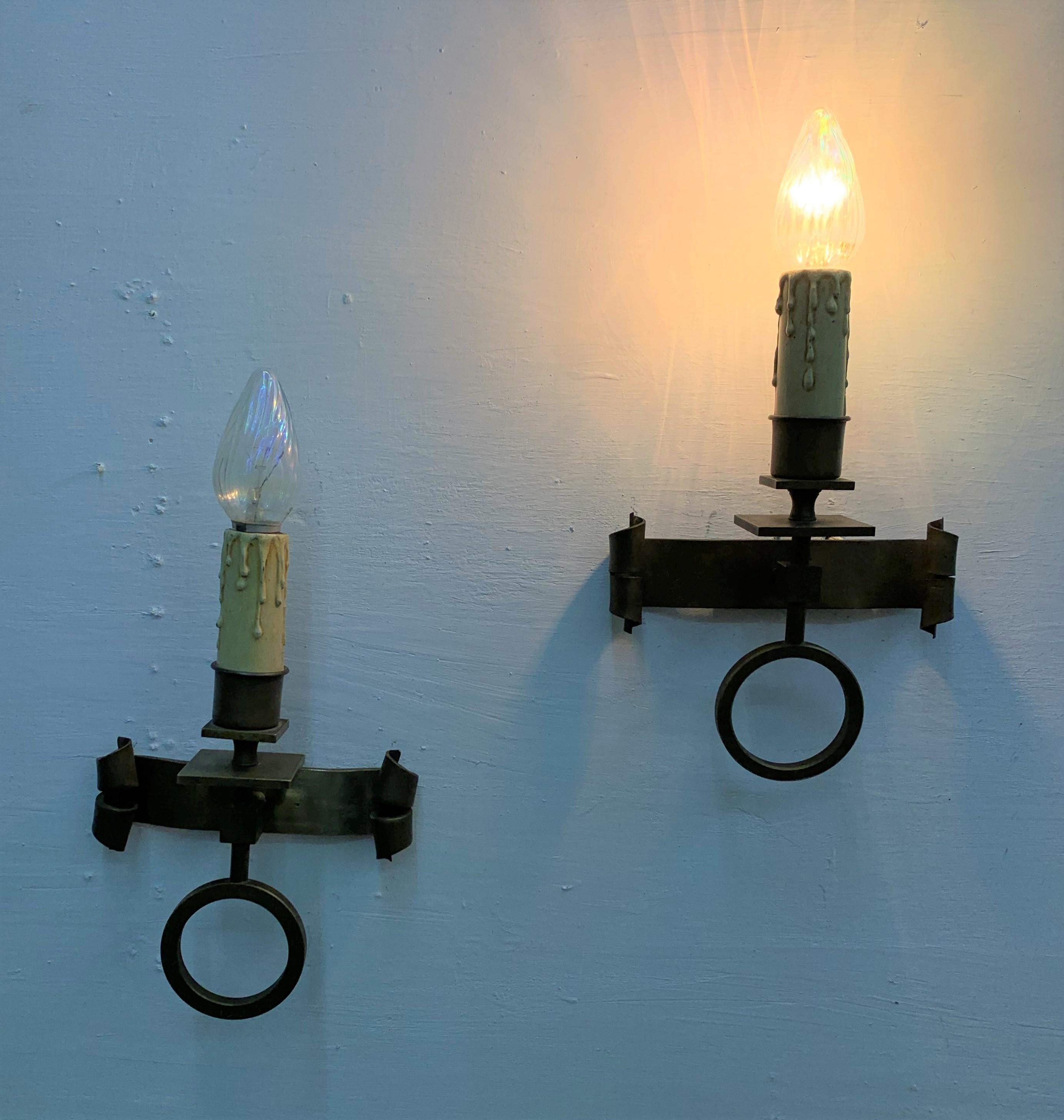 Pair of French Mid-Century Modern Handwrought Brass Sconces, circa 1950s For Sale 9