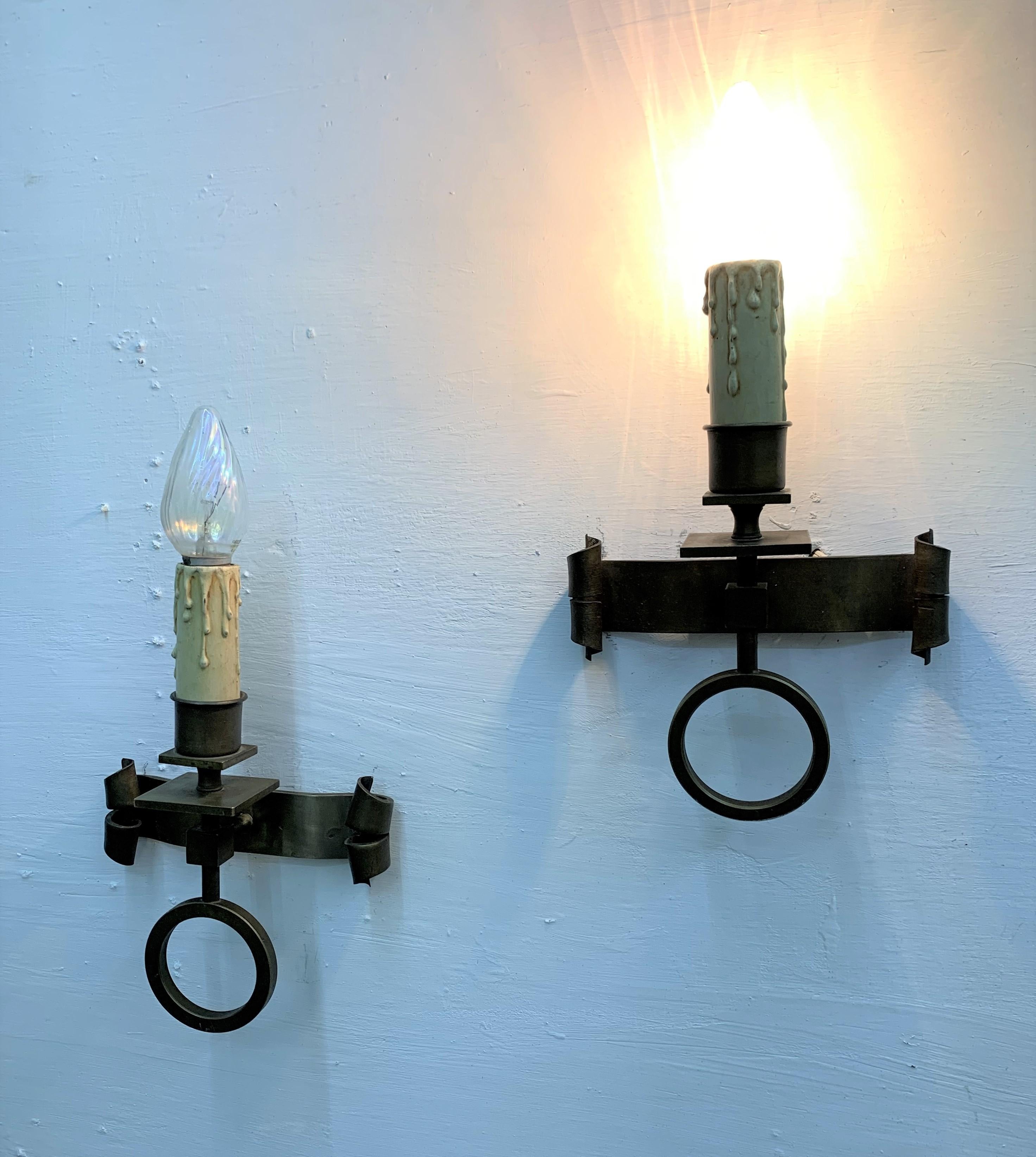 Pair of French Mid-Century Modern Handwrought Brass Sconces, circa 1950s For Sale 2