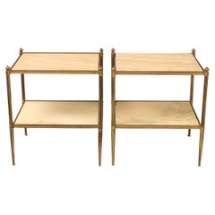 Pair of French Mid-Century Modern Jansen Style Brass and Stone Top Side Tables