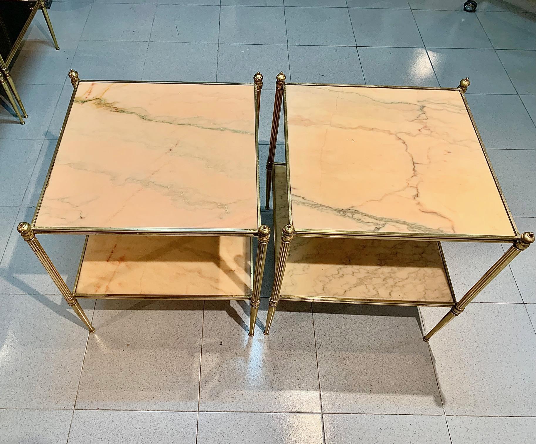 Pair of French Mid Century Modern Jansen Style Brass ans Stone Top Side Tables For Sale 5