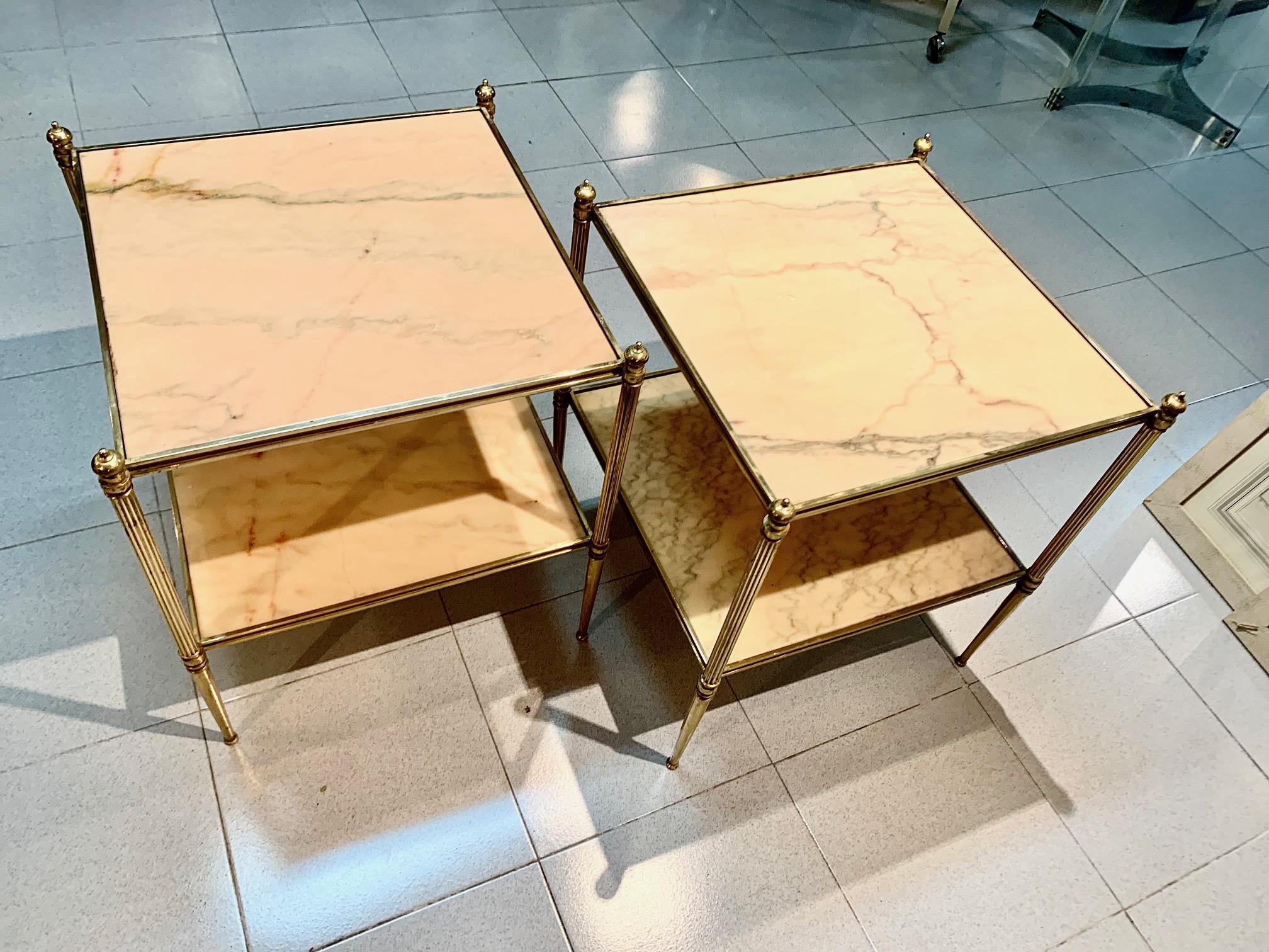 Pair of French Mid Century Modern Jansen Style Brass ans Stone Top Side Tables For Sale 7