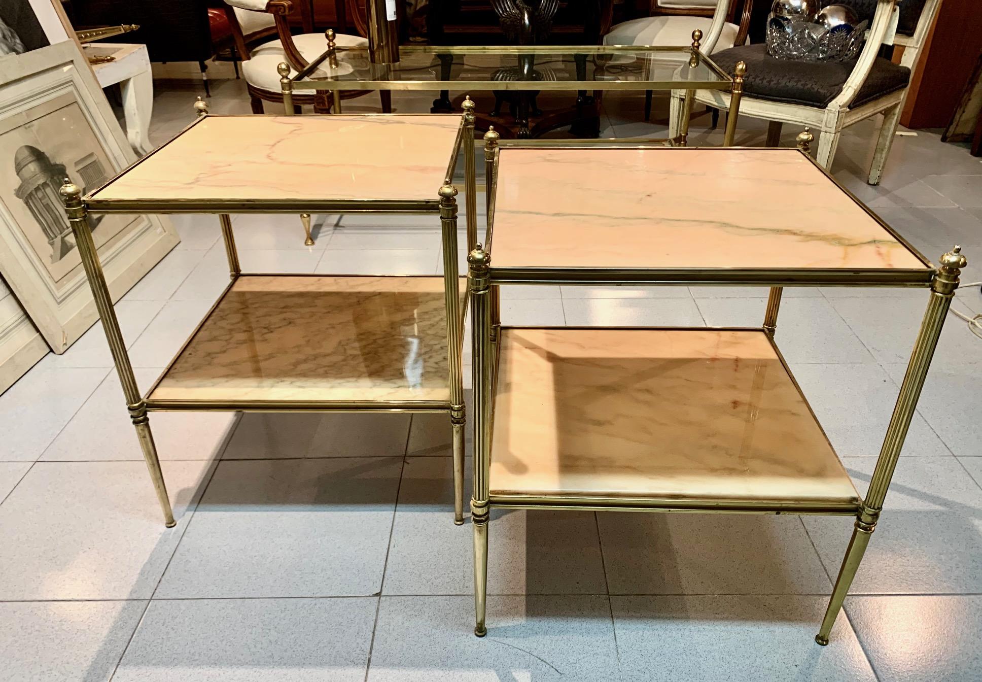Pair of French Mid Century Modern Jansen Style Brass ans Stone Top Side Tables For Sale 8