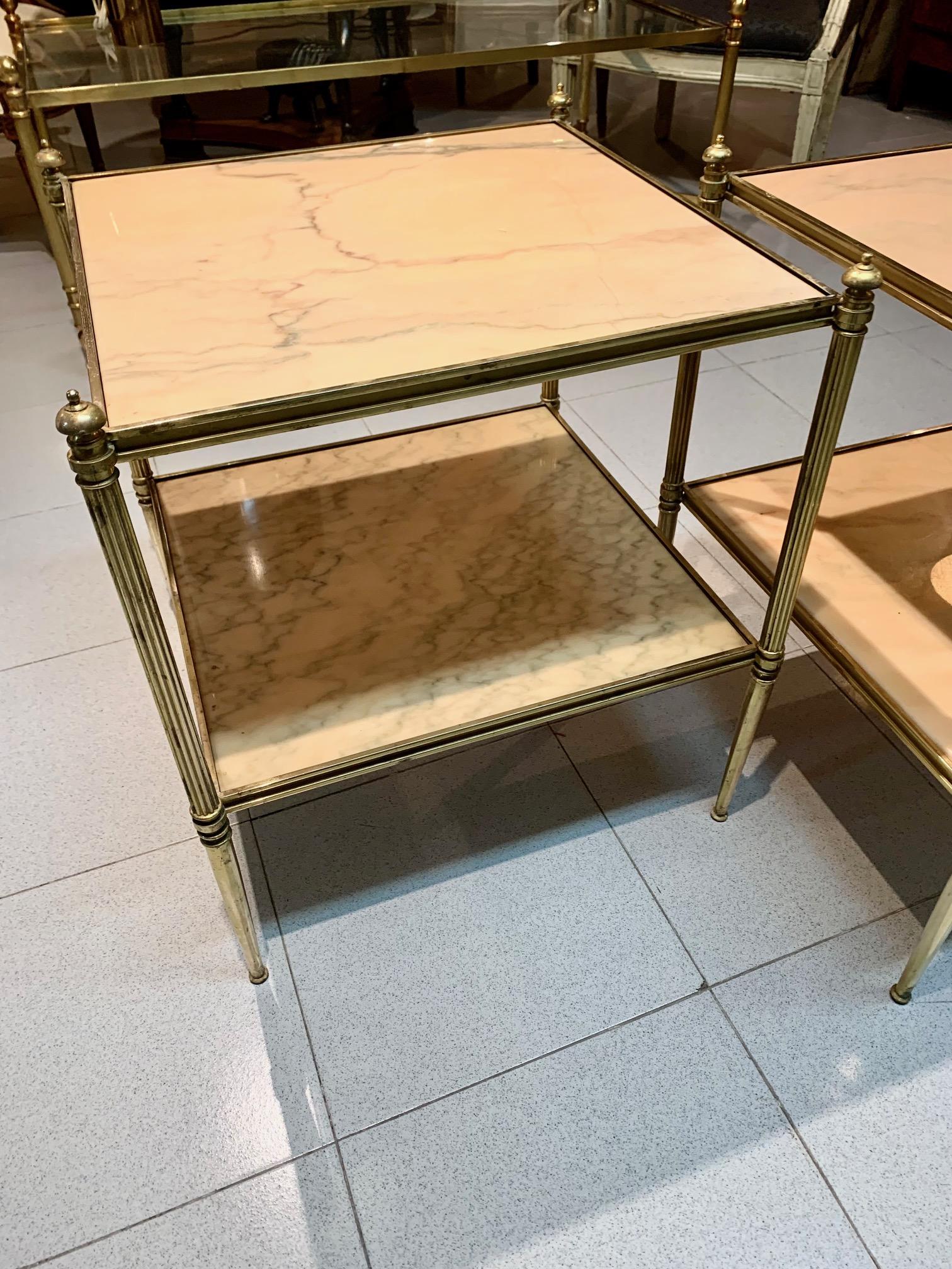 Pair of French Mid Century Modern Jansen Style Brass ans Stone Top Side Tables For Sale 9