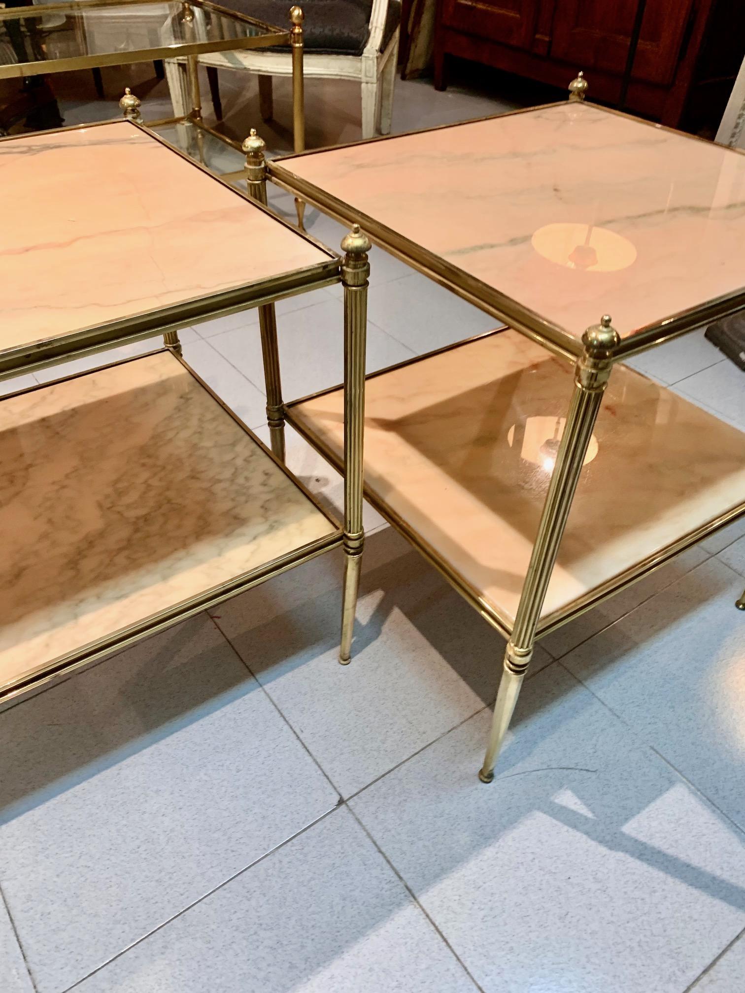 Pair of French Mid Century Modern Jansen Style Brass ans Stone Top Side Tables For Sale 10
