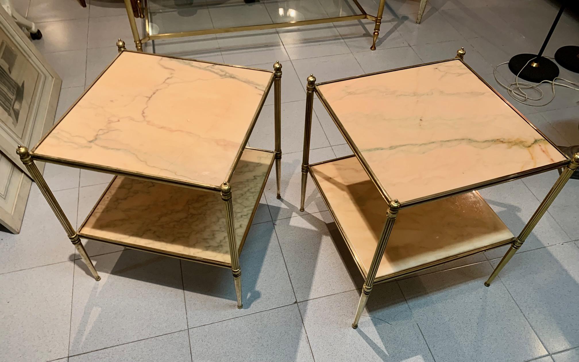 Pair of French Mid Century Modern Jansen Style Brass ans Stone Top Side Tables For Sale 11