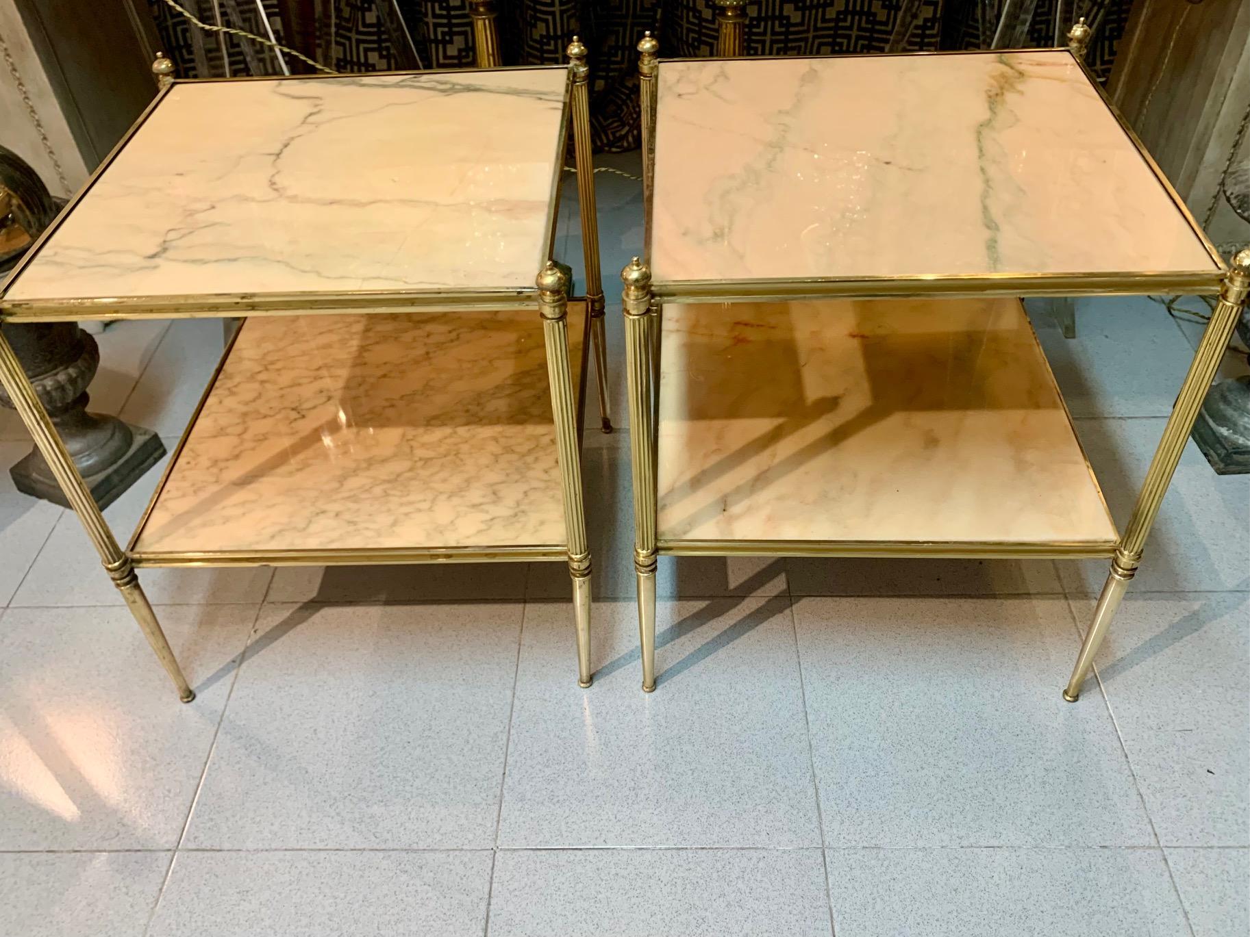 Pair of French Mid Century Modern Jansen Style Brass ans Stone Top Side Tables For Sale 13