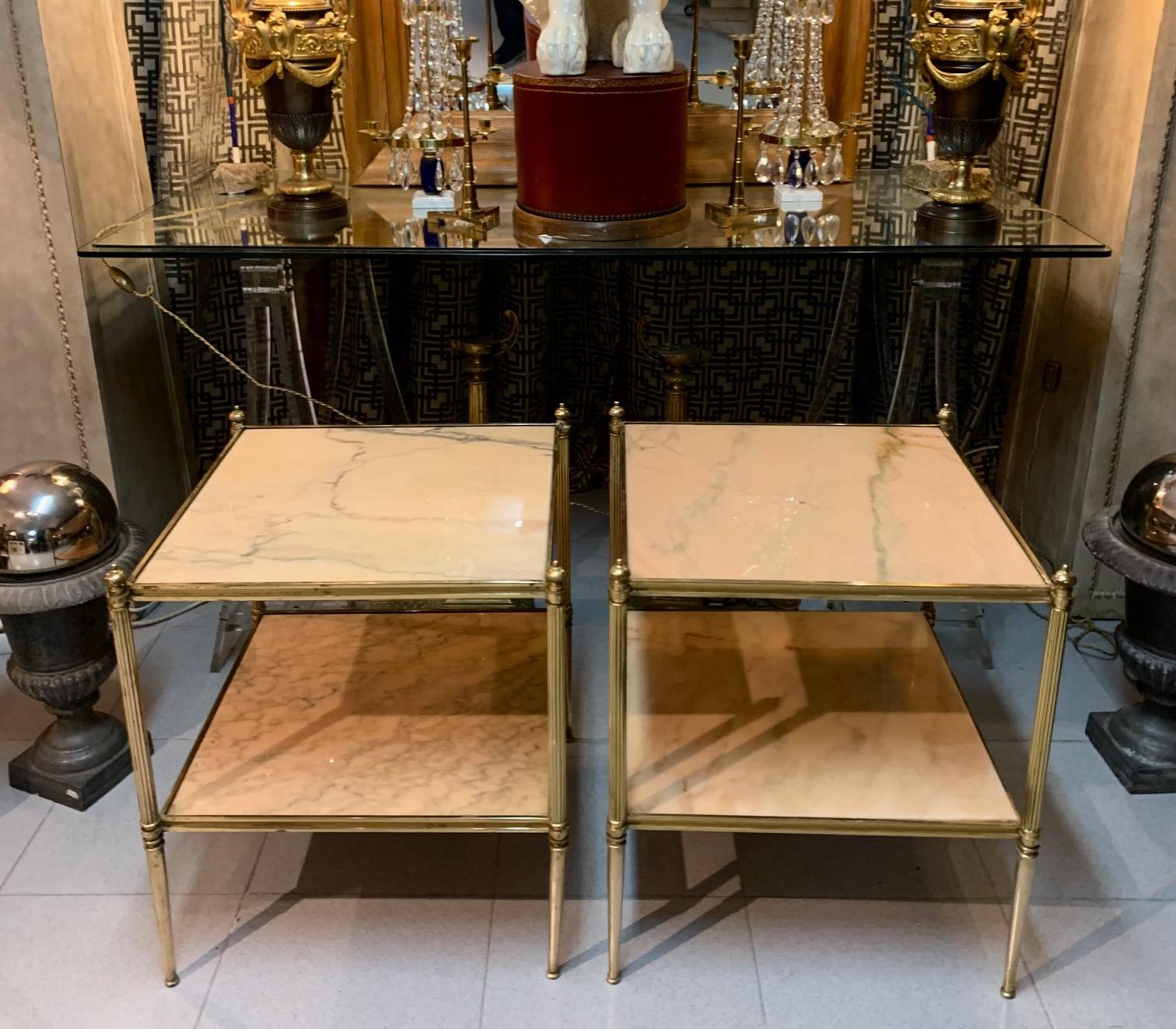 Pair of French Mid Century Modern Jansen Style Brass ans Stone Top Side Tables For Sale 14