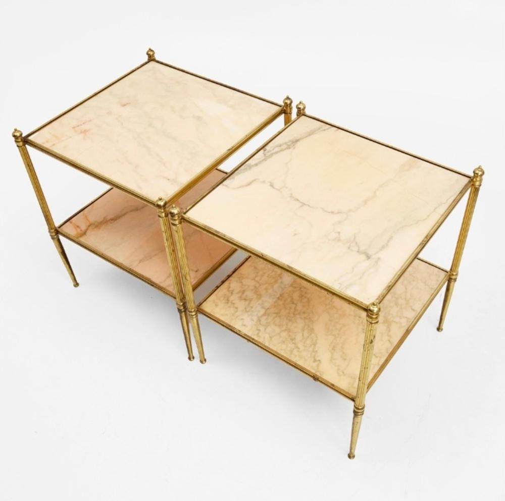 Pair of French Mid Century Modern Jansen Style Brass ans Stone Top Side Tables In Good Condition For Sale In Madrid, ES