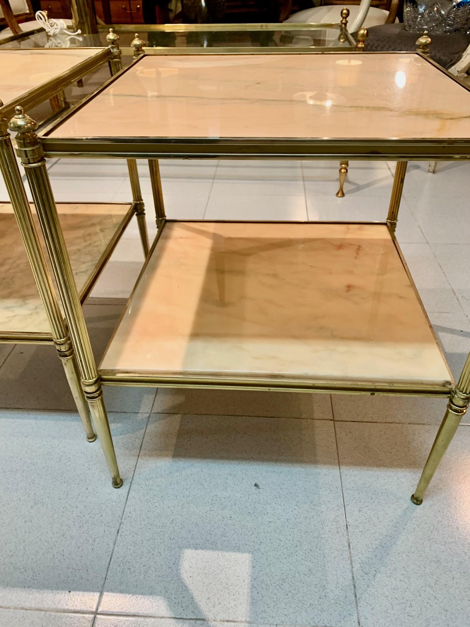 20th Century Pair of French Mid Century Modern Jansen Style Brass ans Stone Top Side Tables For Sale
