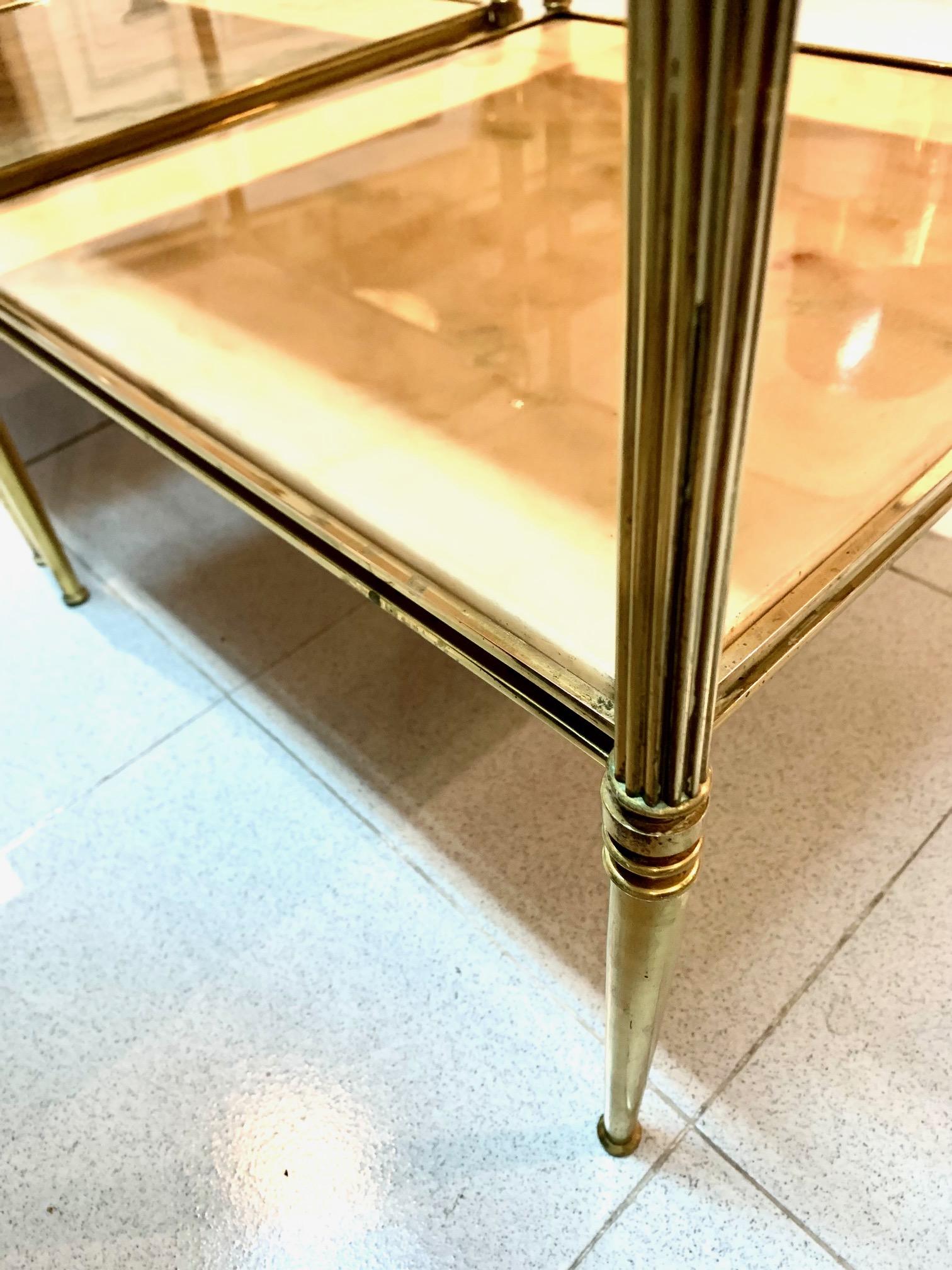 Pair of French Mid Century Modern Jansen Style Brass ans Stone Top Side Tables For Sale 4
