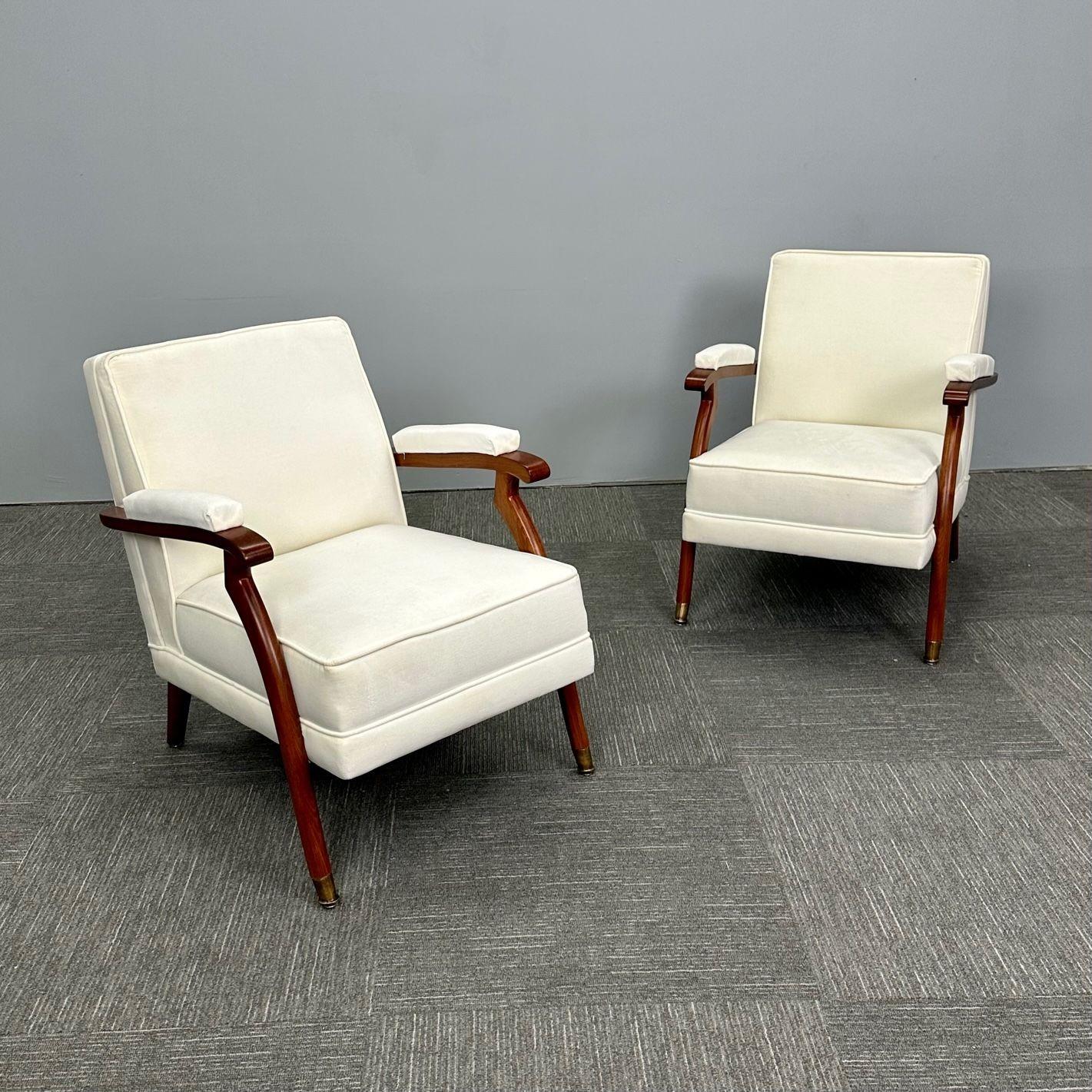 Pair of French Mid-Century Modern Maison Leleu Style Lounge / Arm Chairs, Mohair
 
Pair of French Art Deco / Mid-Century Modern lounge or arm chairs inspired by Maison Leleu. These chairs having stained and polished birch frames, newly padded arm