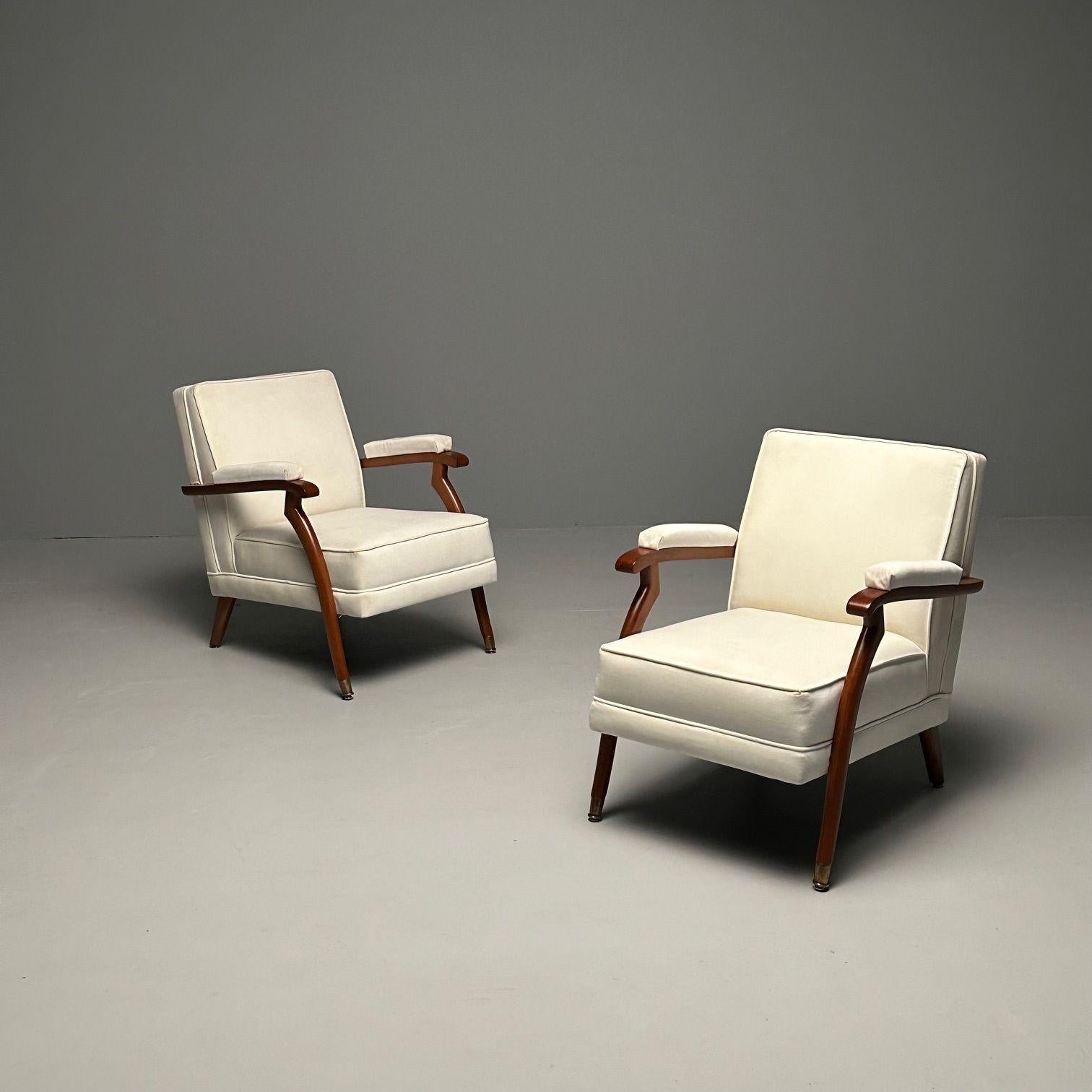 Pair of French Mid-Century Modern Maison Leleu Style Lounge / Arm Chairs, Mohair

Pair of French Art Deco / Mid-Century Modern lounge or arm chairs inspired by Maison Leleu. These chairs having stained and polished birch frames, newly padded arm