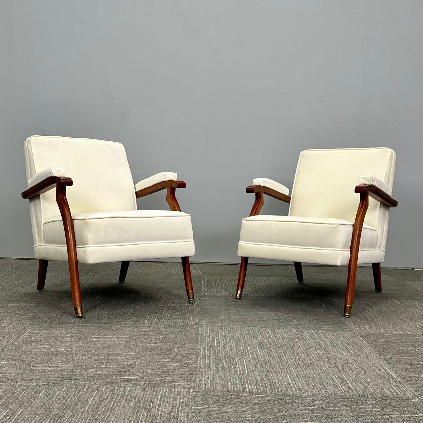 European Pair of French Mid-Century Modern Maison Leleu Style Lounge / Arm Chairs, Mohair