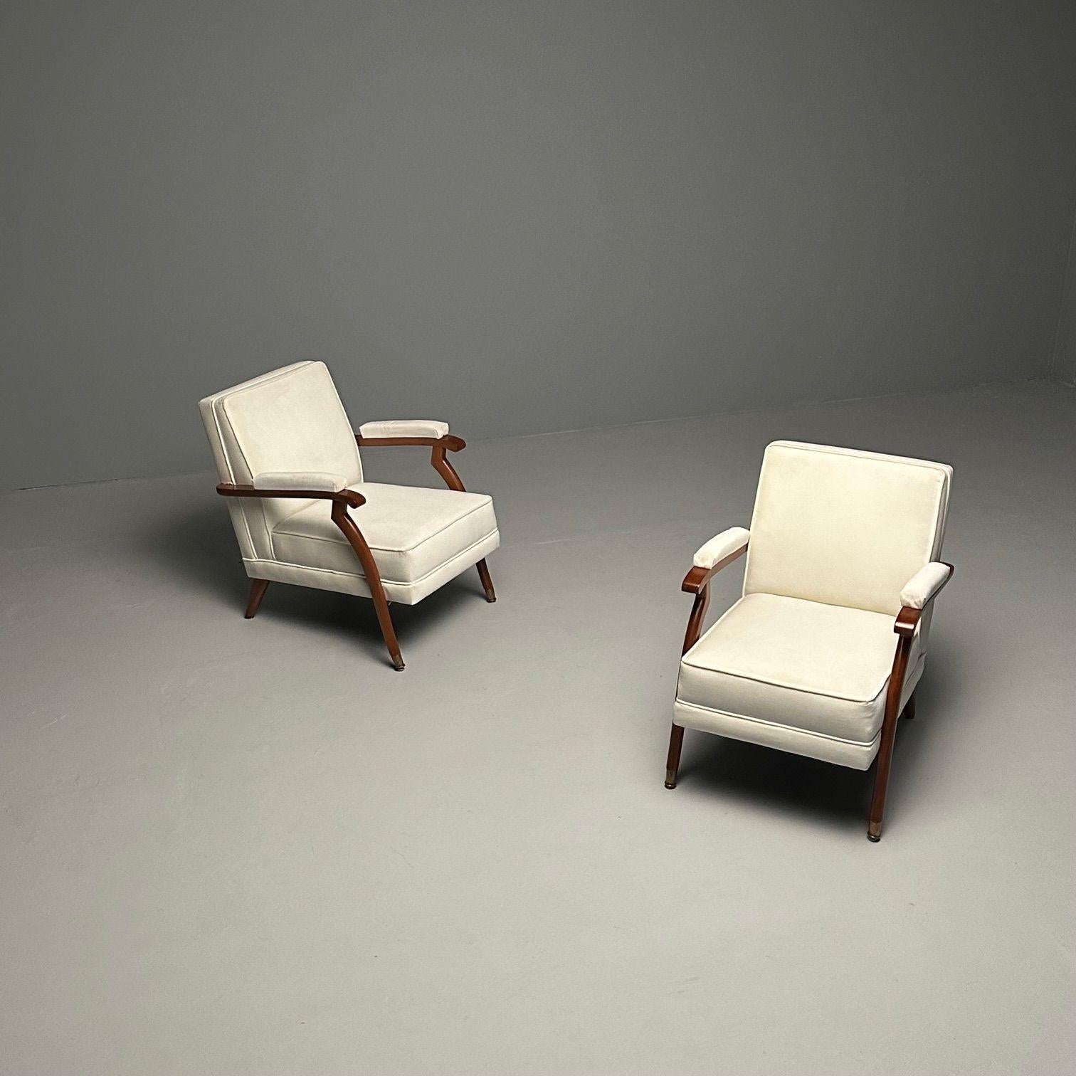Mid-Century Modern Maison Leleu Style, French Modern, Lounge Chairs, White Mohair, Light Wood, 2023 For Sale