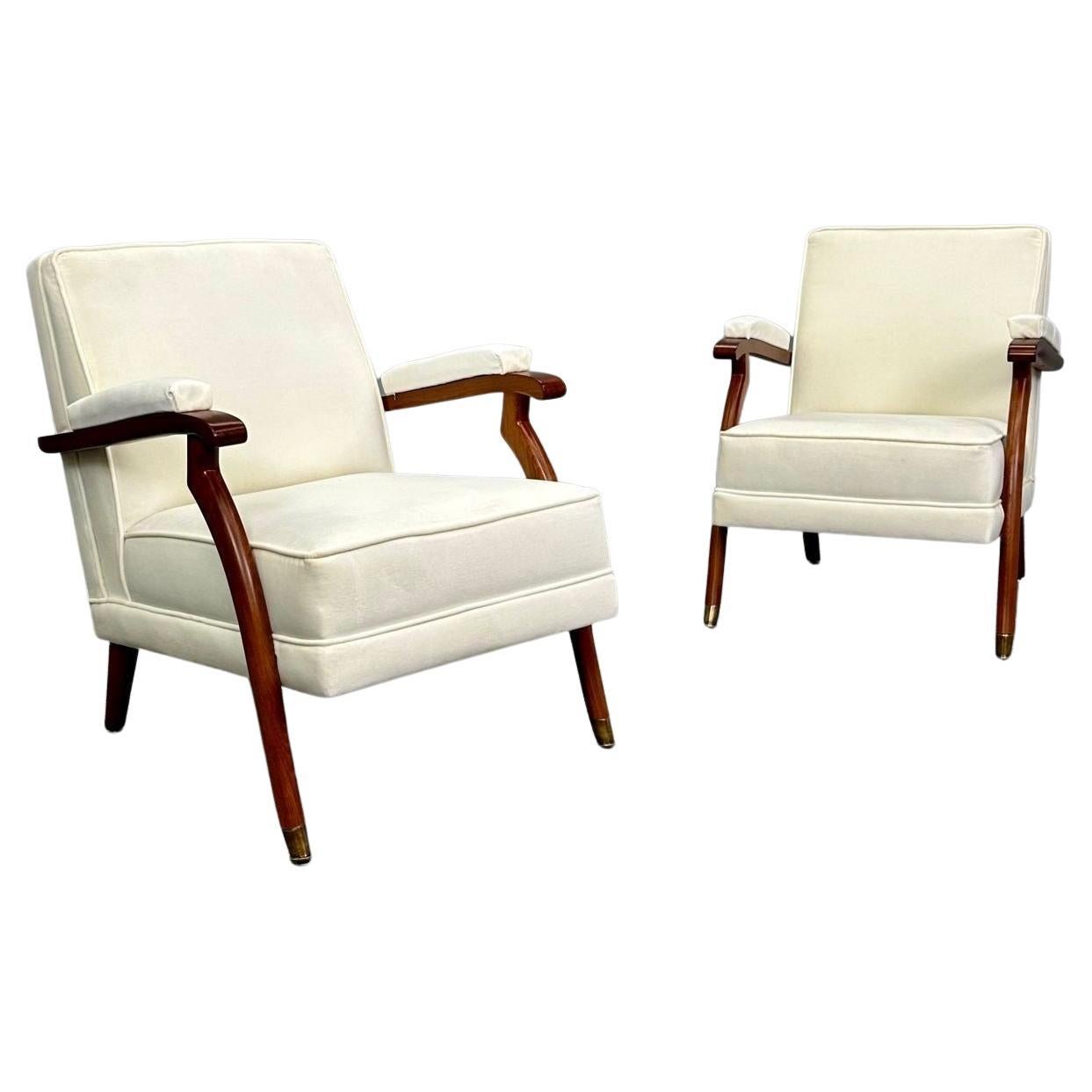 Pair of French Mid-Century Modern Maison Leleu Style Lounge / Arm Chairs, Mohair