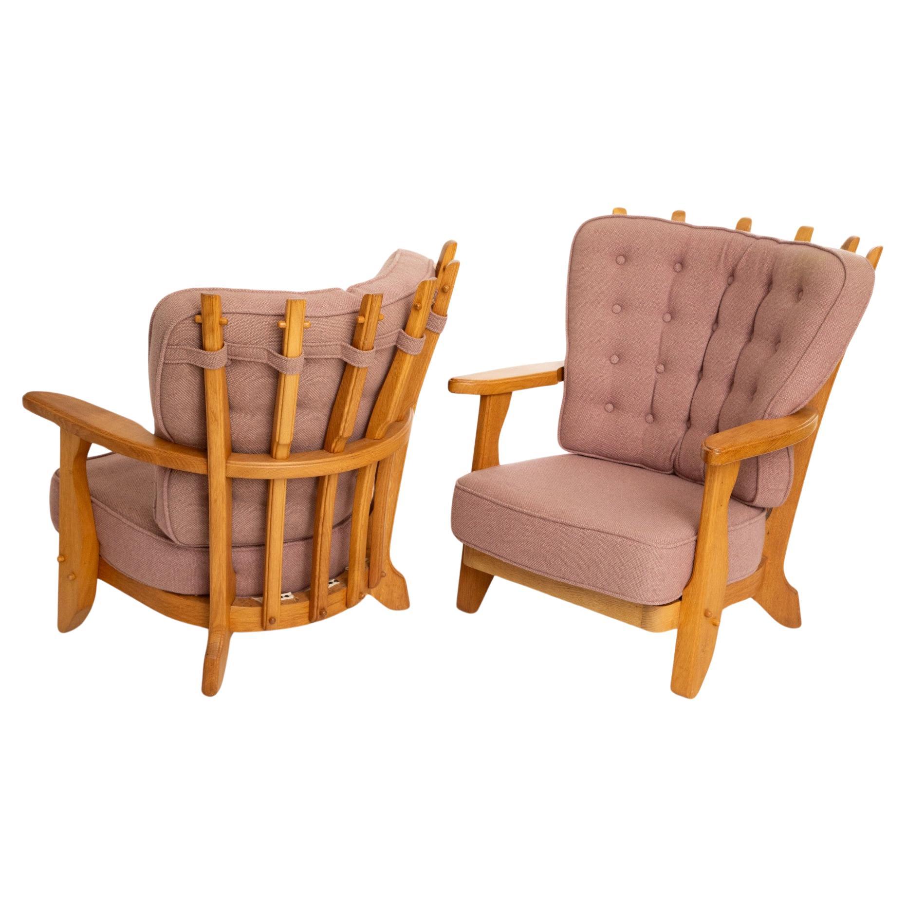 Pair of French Mid-Century Modern Oak Lounge Chairs by Guillerme et Chambron For Sale