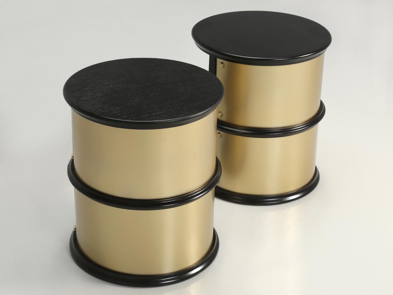 Pair of very unusual French cylinder shaped Mid-Century Modern end tables. The end tables have been ebonized the metal wrappings are cold plated bronze. The French have been fully restored.
**Please note flaws in the finish, images 13, 16, 18 & 20.