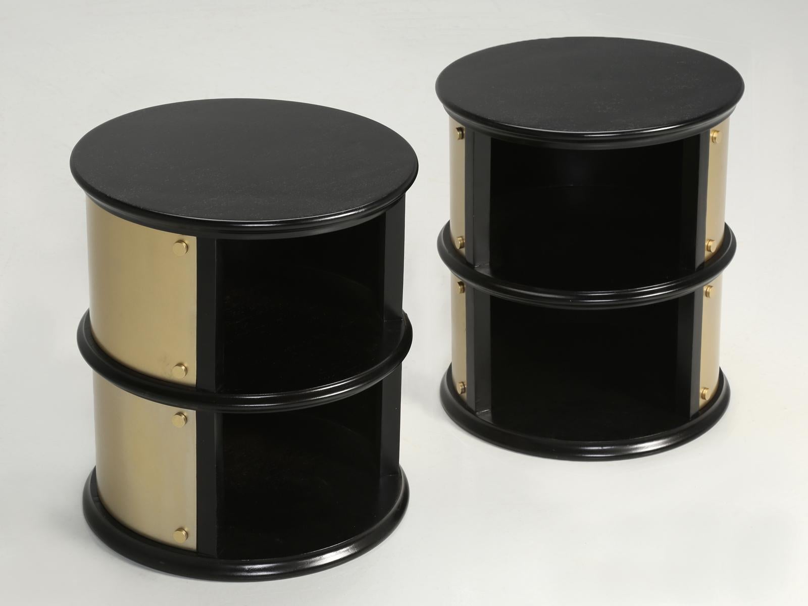 Ebonized Pair of French Mid-Century Modern Side Tables, Black with Cold Plated Bronze