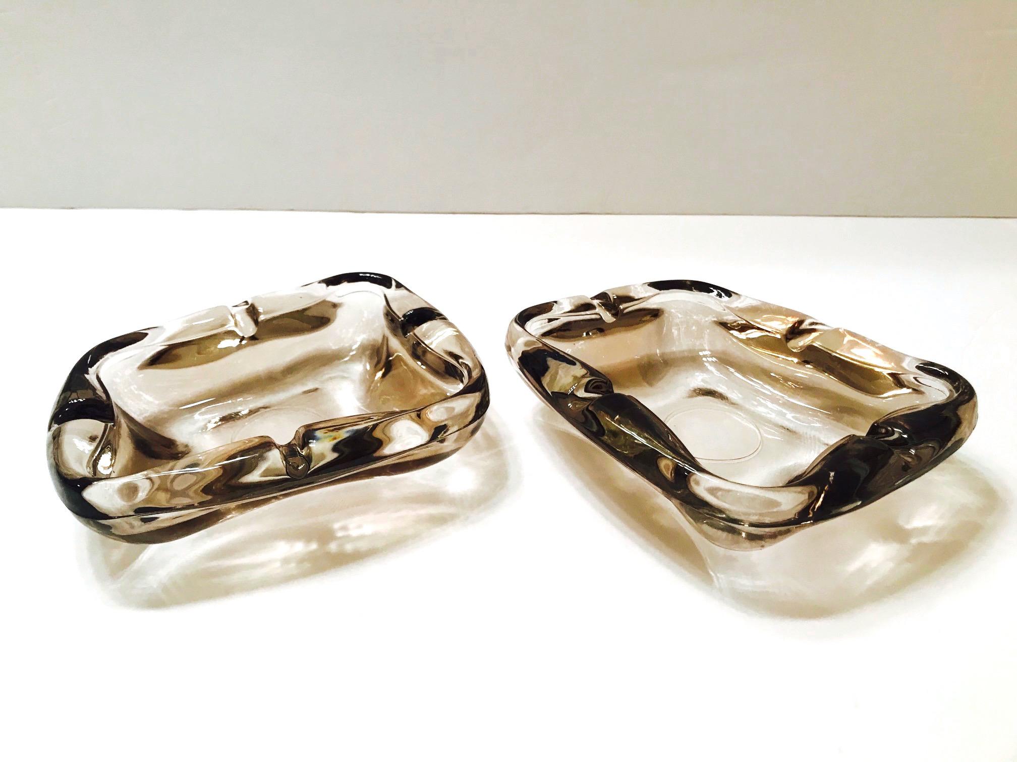 Hand-Crafted Pair of French Mid-Century Modern Smoked Glass Ashtrays, 1960s