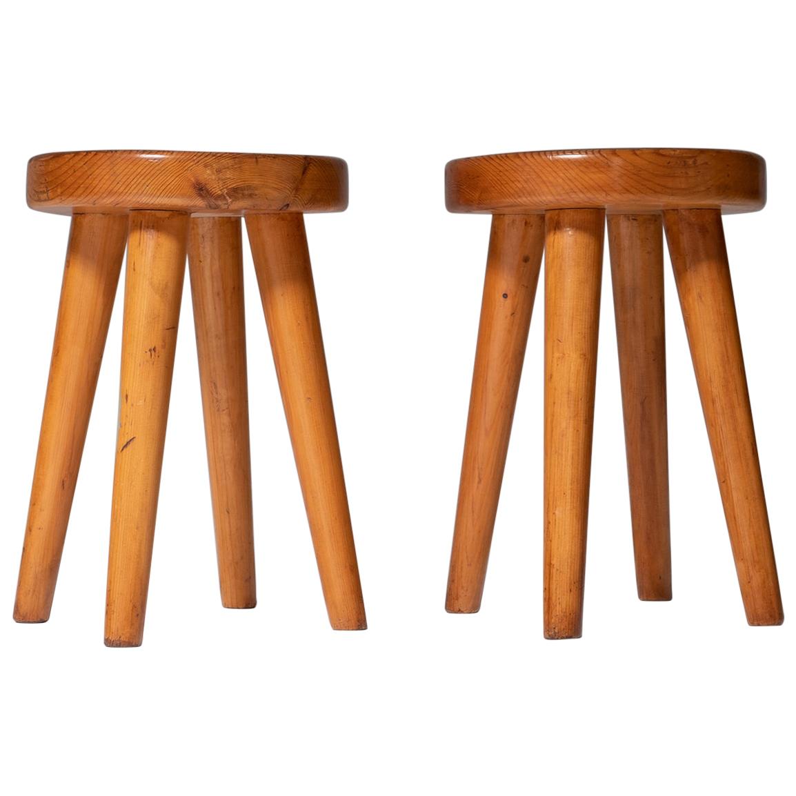 Pair of French Mid-Century Modern Stools in Solid Pine