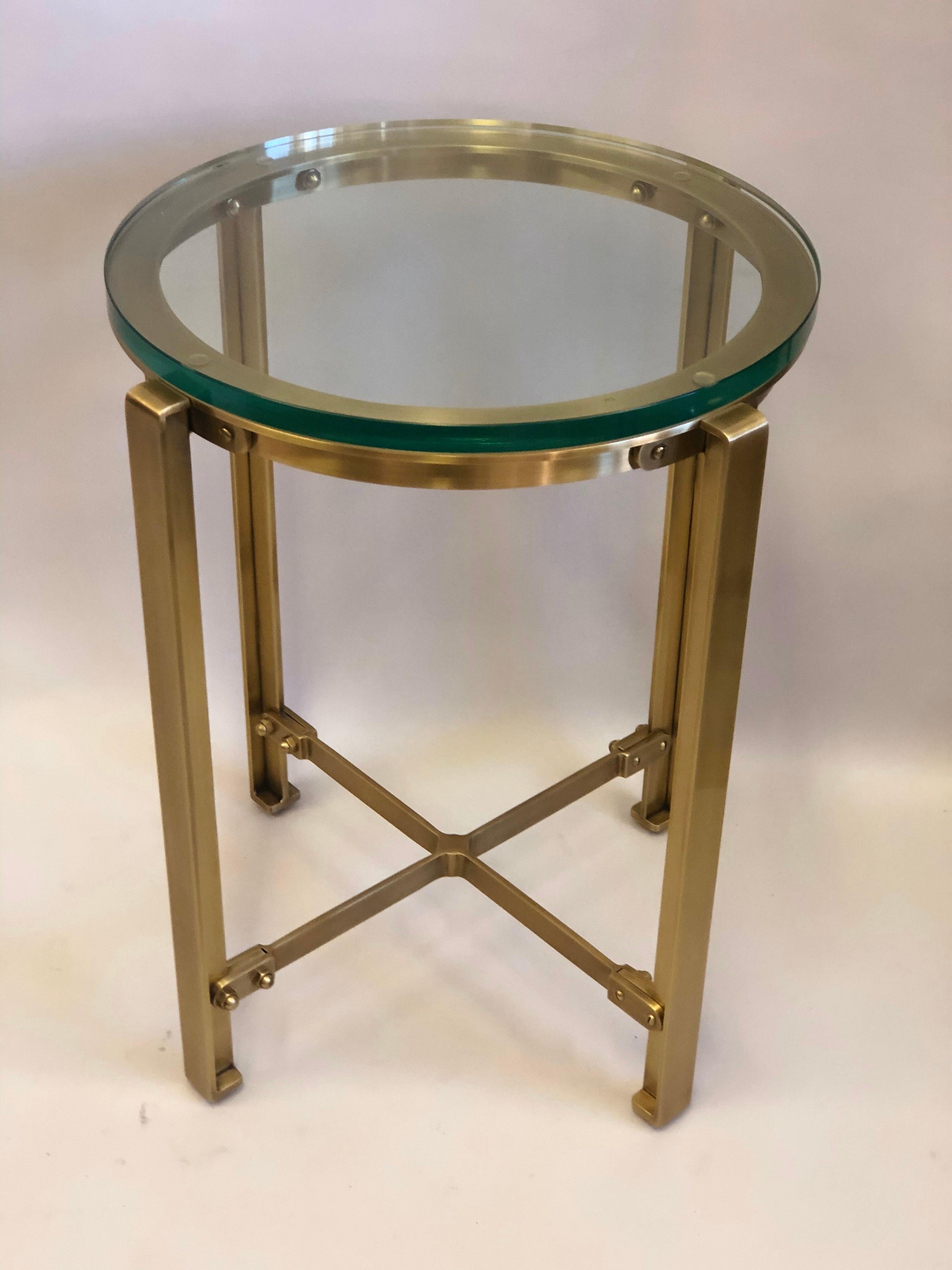 Italian Pair of French Mid-Century Modern Style Round Brass Side Tables, Jacques Quinet