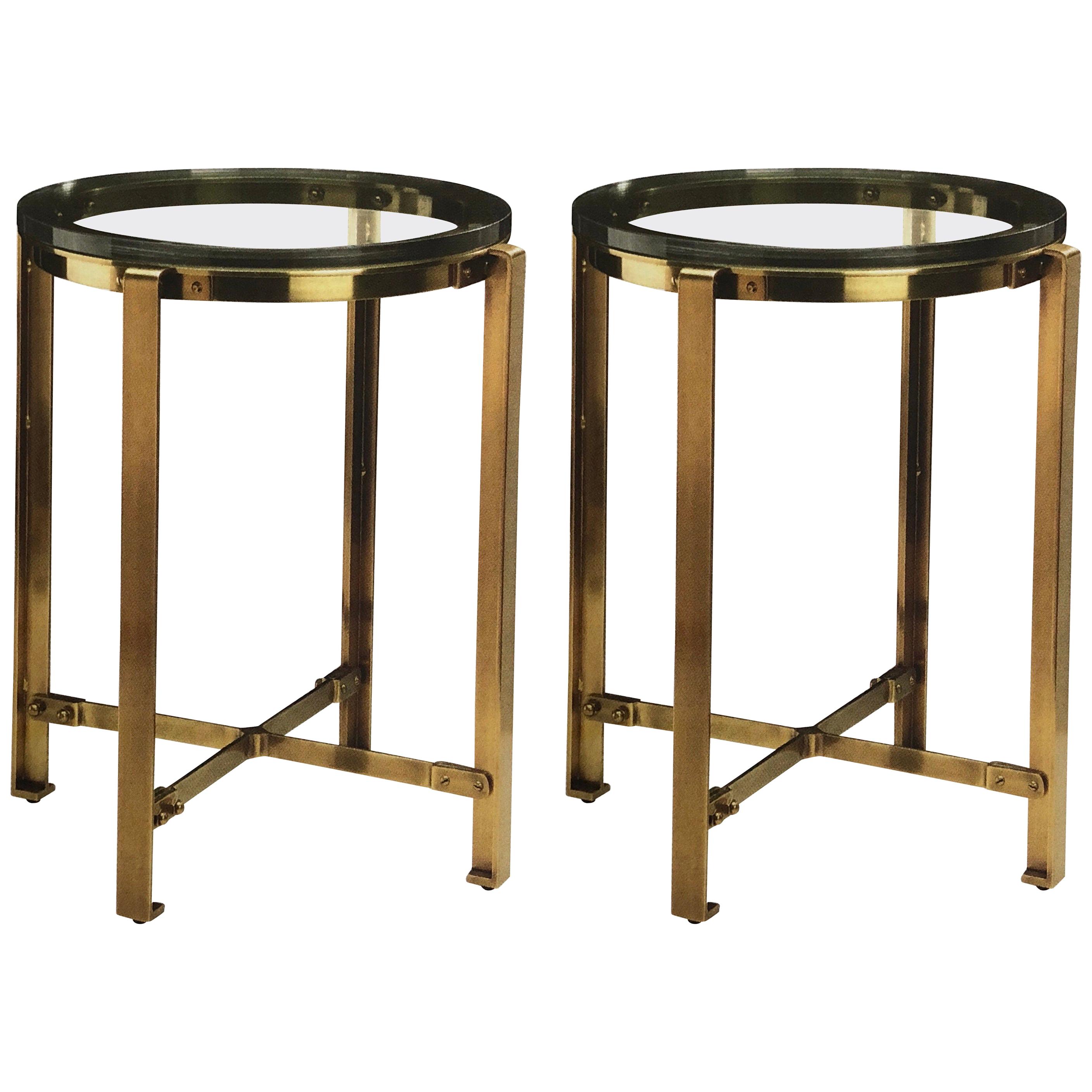 Pair of French Mid-Century Modern Style Round Brass Side Tables, Jacques Quinet