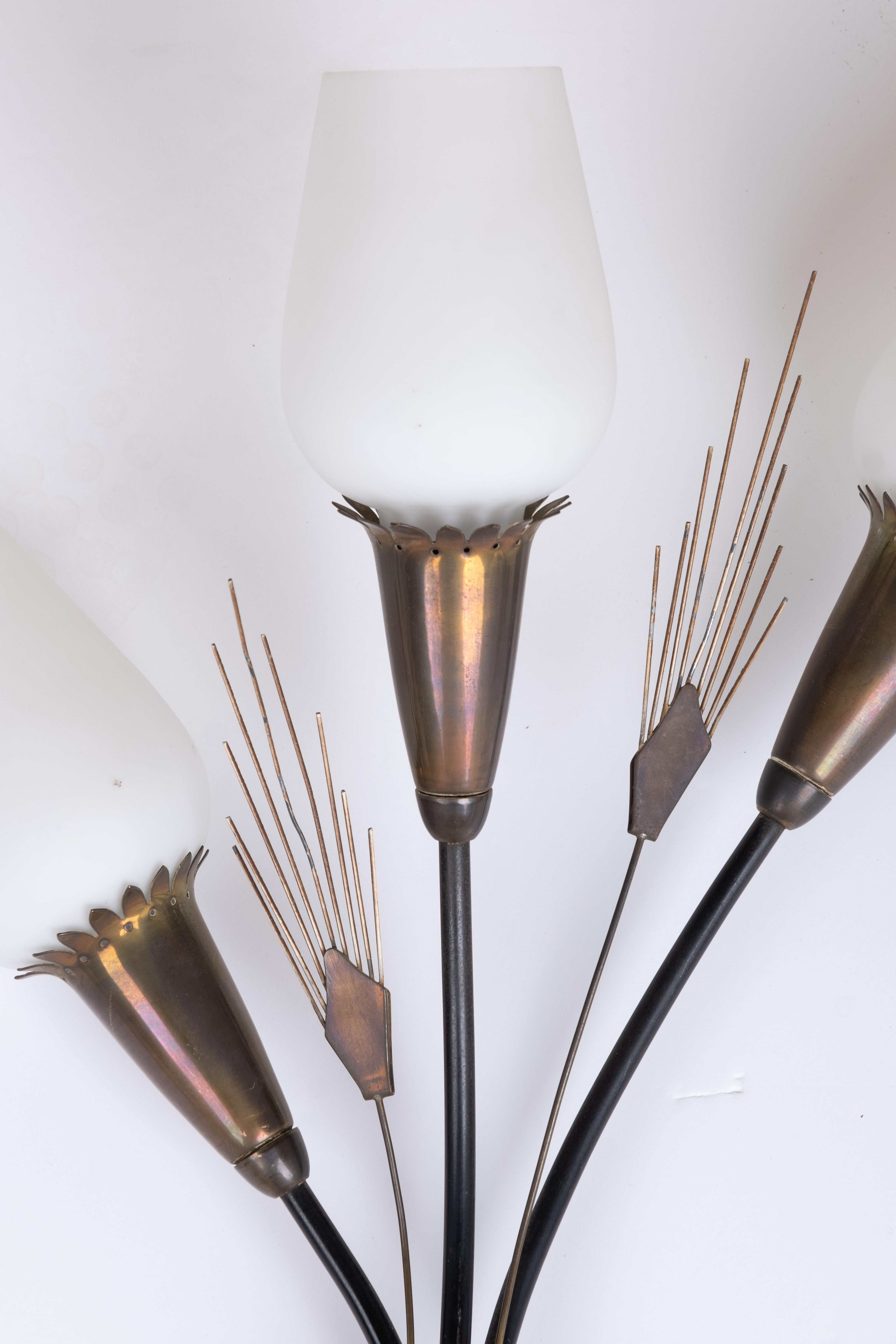 Pair of French Mid-Century Modern Wall Lighting Brass and Milk Glass Sconces In Good Condition For Sale In Kingston, NY