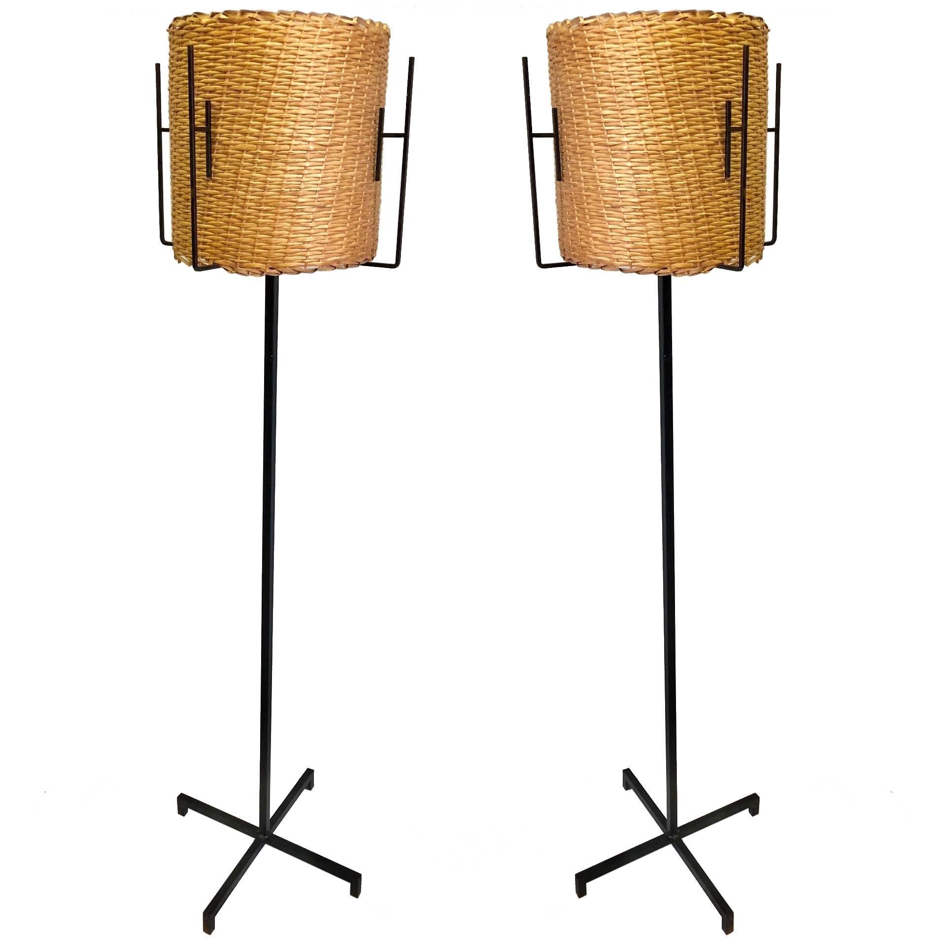Pair of French Mid-Century Modern Wrought Iron Floor Lamps by Disderot
