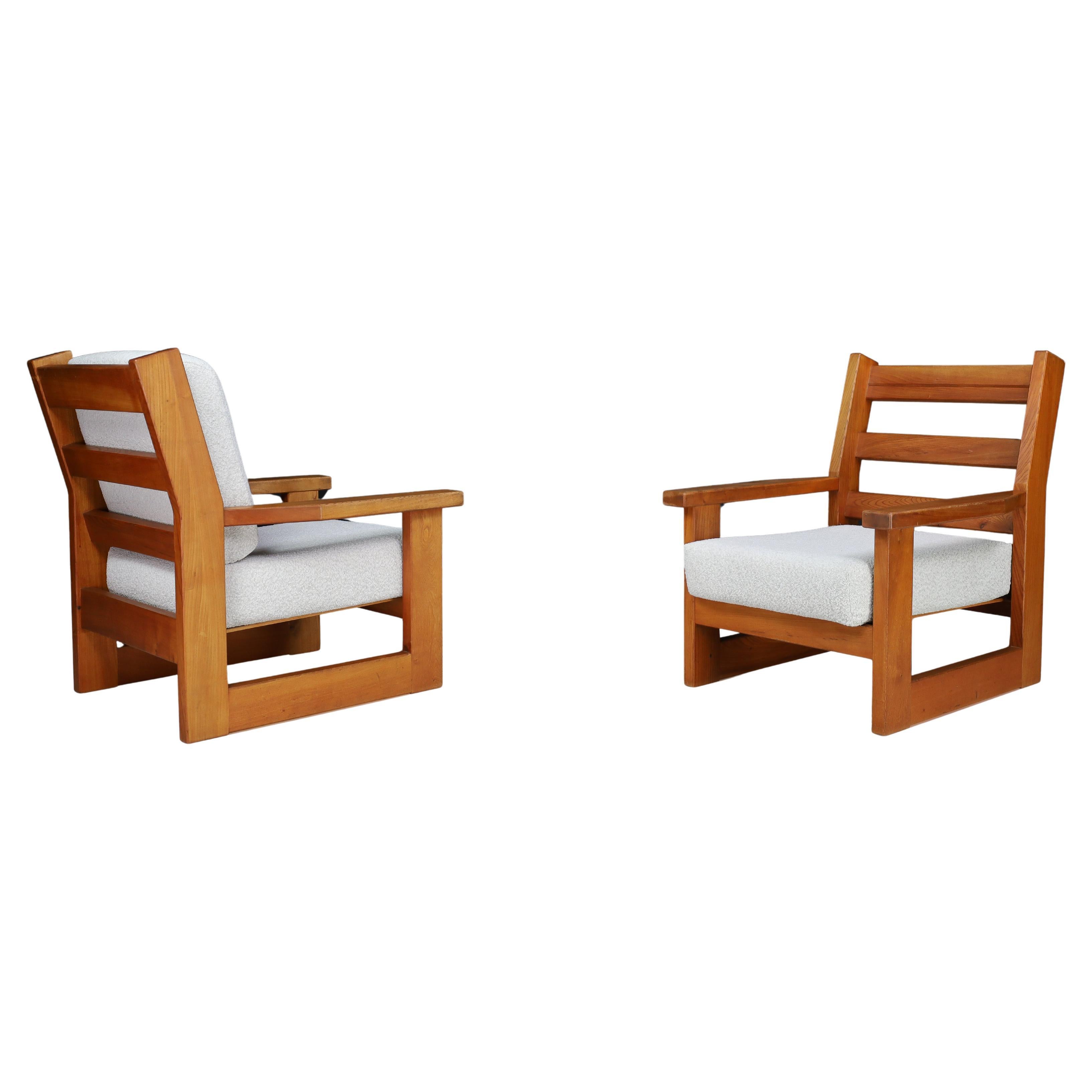 Pair of French Mid-Century Oak Armchairs with Bouclé Upholstery, 1960s