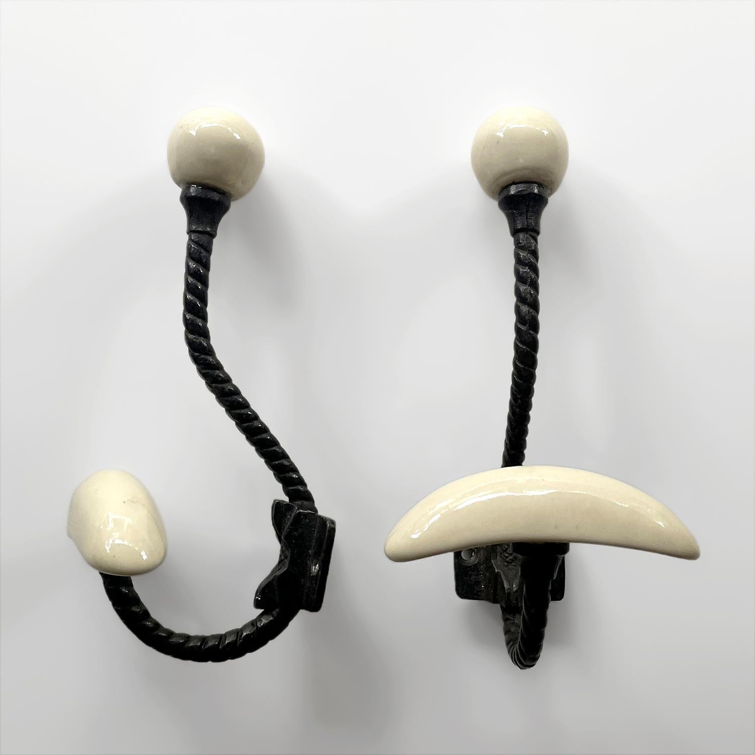 Pair of French Mid Century Porcelain & Iron Wall Coat Hooks For Sale 6