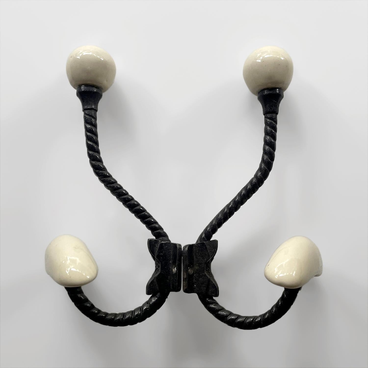 Pair of French Mid Century Porcelain & Iron Wall Coat Hooks For Sale 7