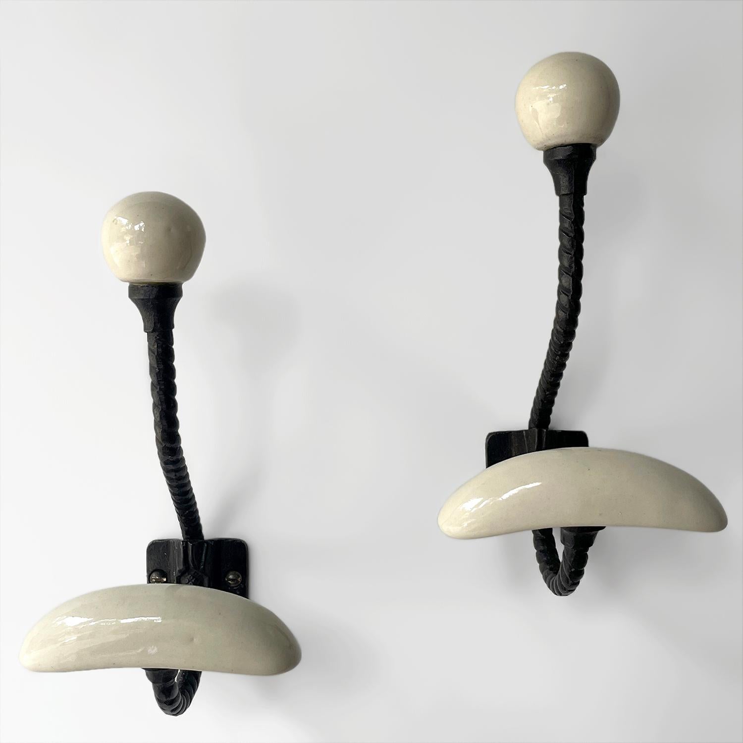 Pair of French Mid Century Porcelain & Iron Wall Coat Hooks For Sale 8