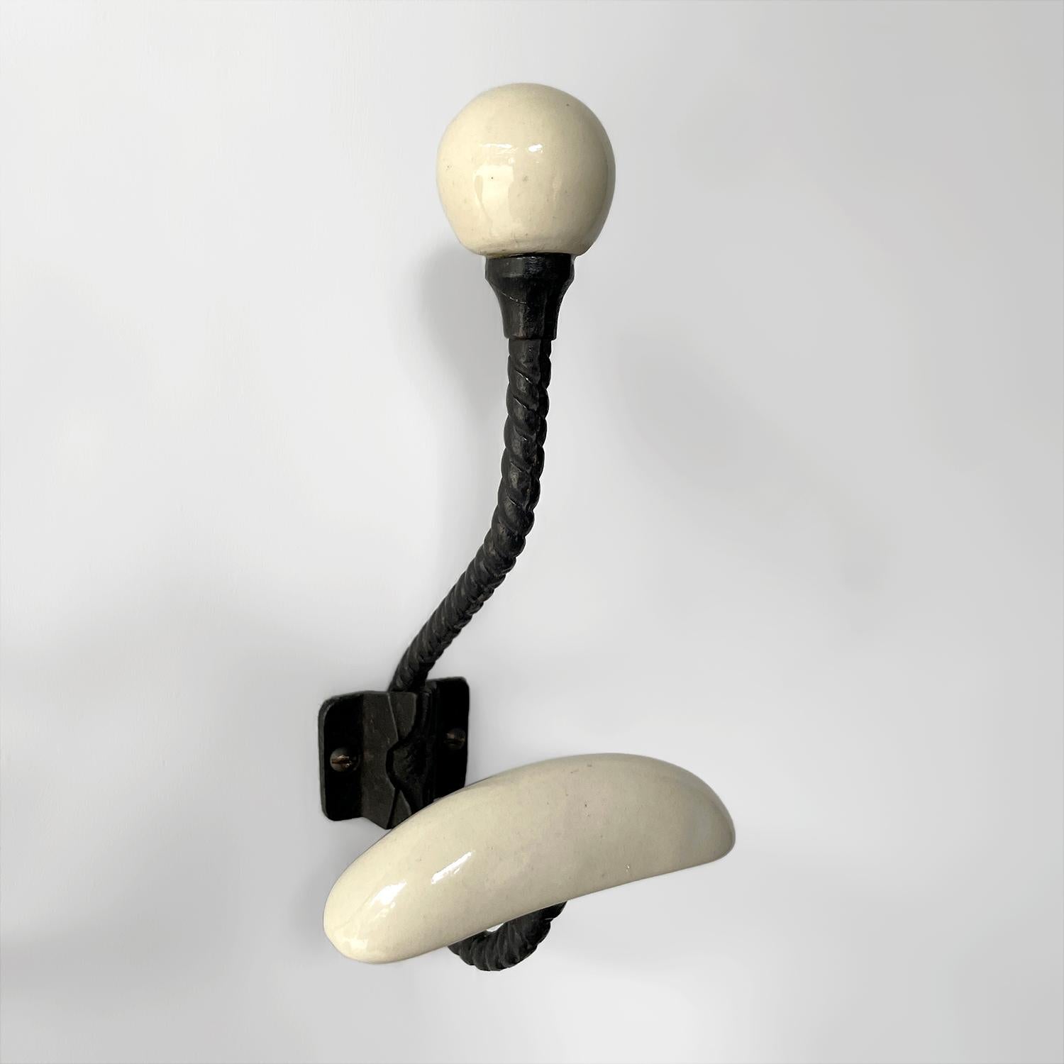 Pair of French Mid Century Porcelain & Iron Wall Coat Hooks In Good Condition For Sale In Los Angeles, CA