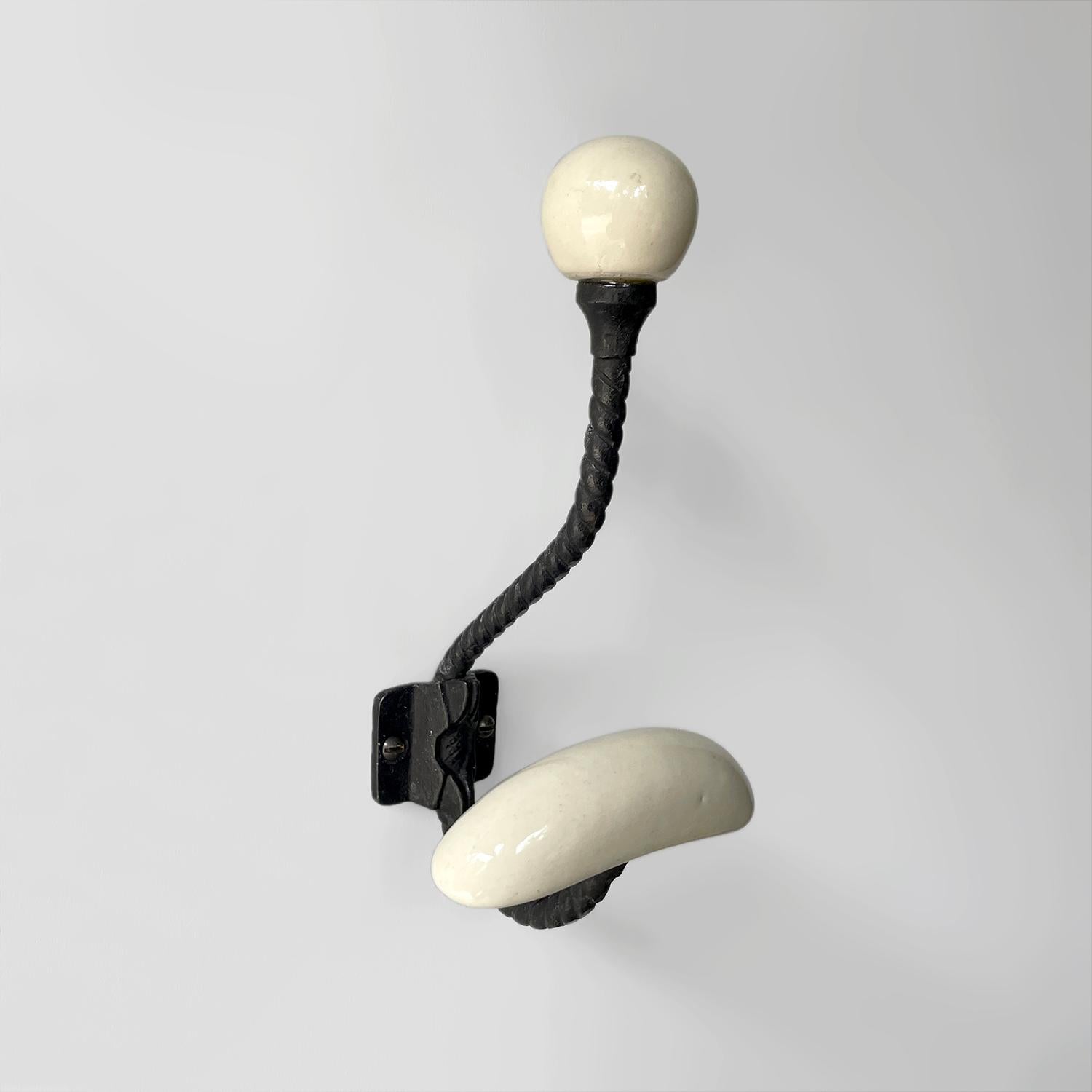 20th Century Pair of French Mid Century Porcelain & Iron Wall Coat Hooks For Sale