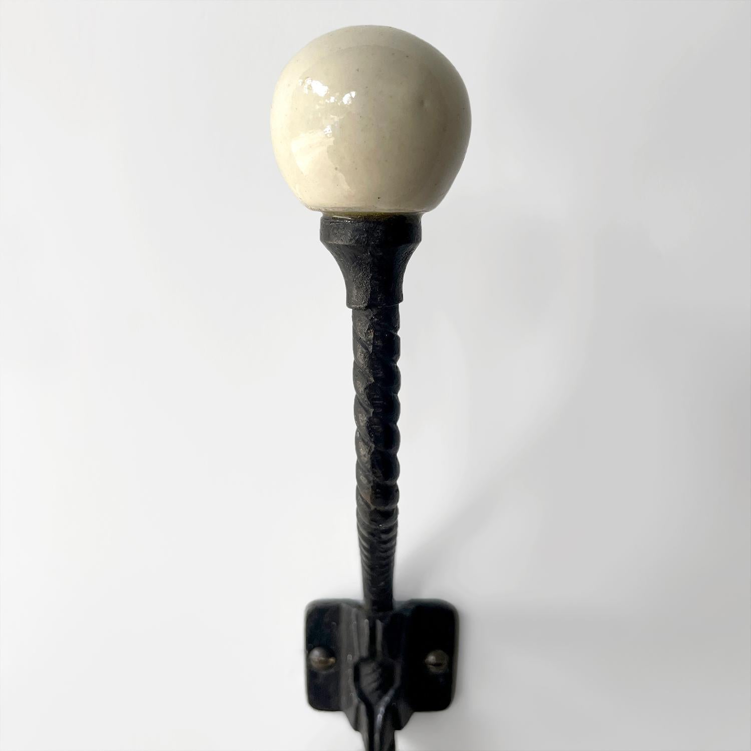 Pair of French Mid Century Porcelain & Iron Wall Coat Hooks For Sale 1
