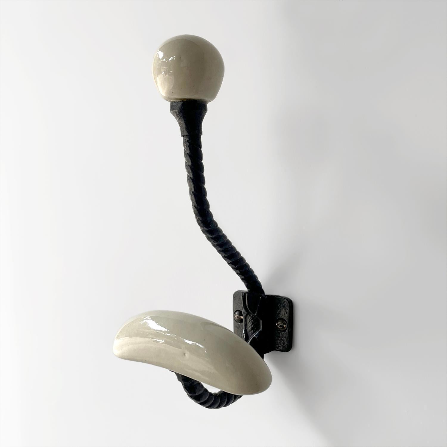 Pair of French Mid Century Porcelain & Iron Wall Coat Hooks For Sale 3