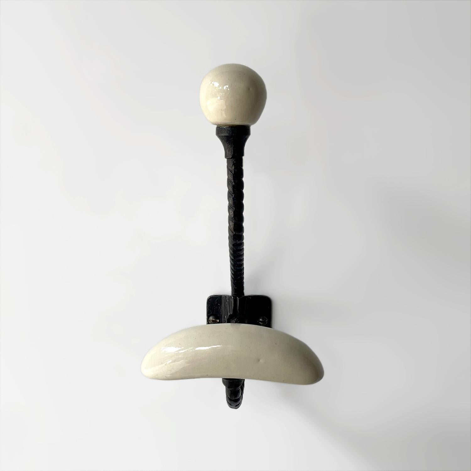 Pair of French Mid Century Porcelain & Iron Wall Coat Hooks For Sale 5