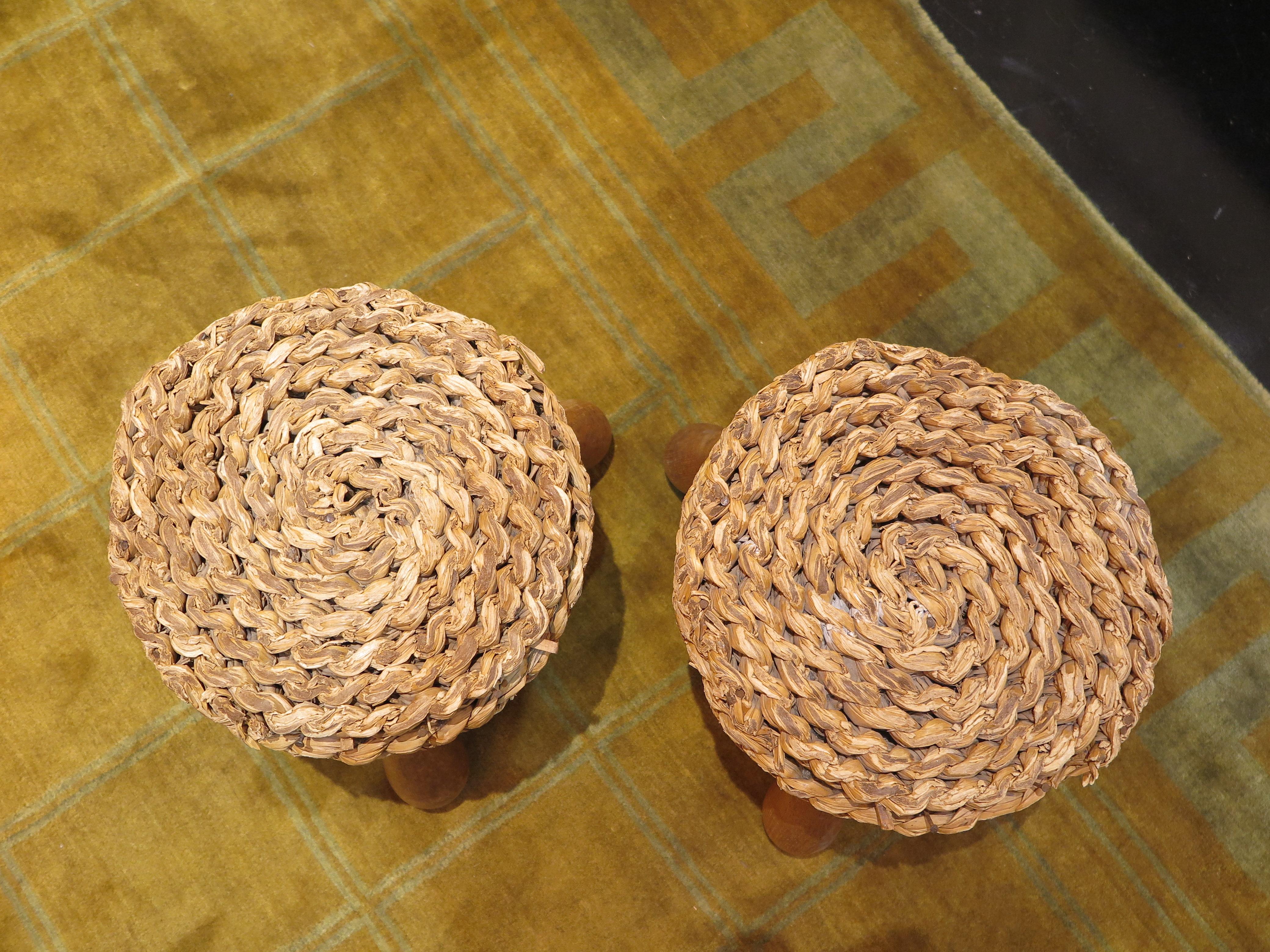Woven Pair of French Mid-Century Raffia Stools by Adrien Audoux and Frida Minet For Sale