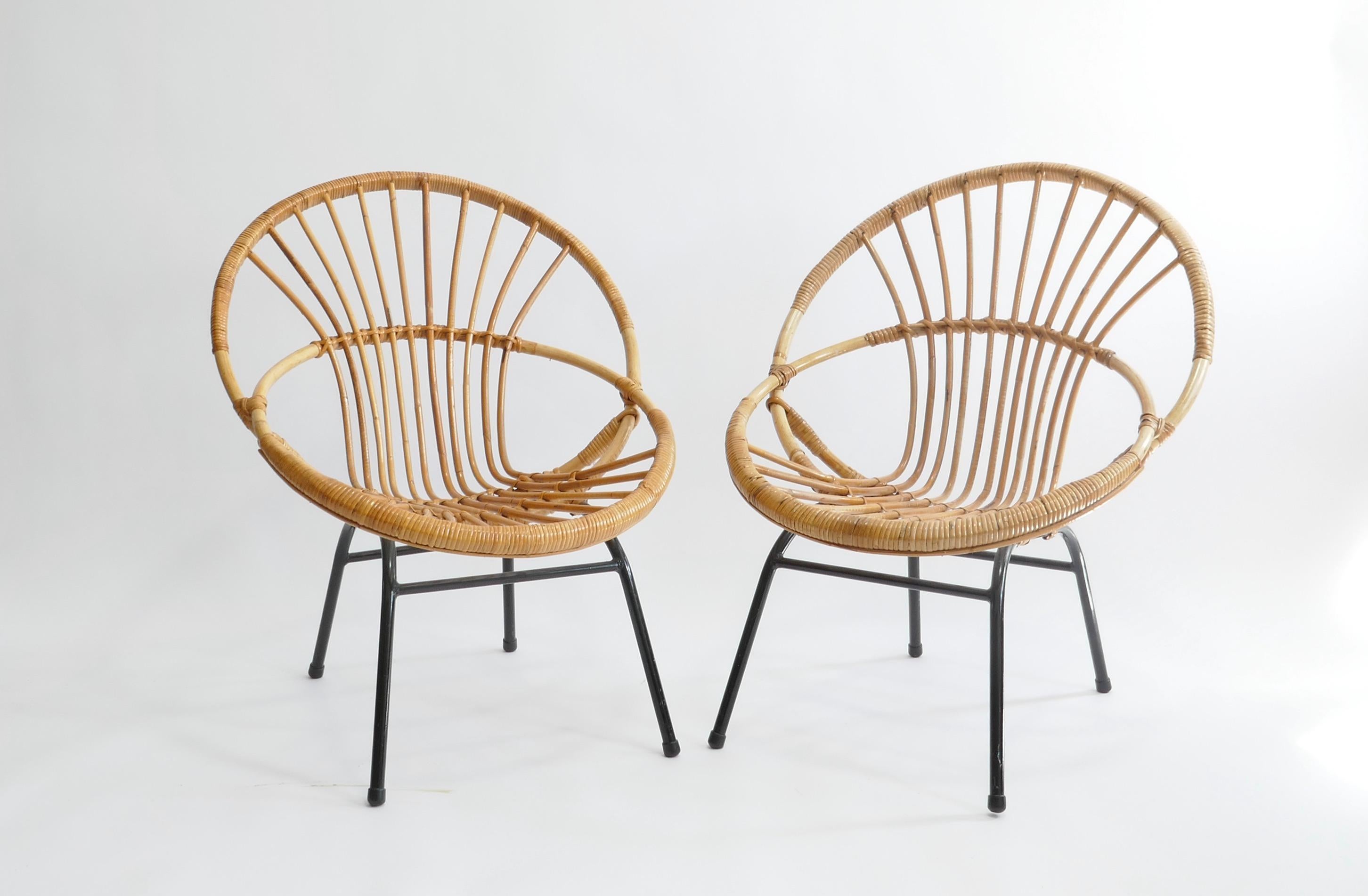 Mid-Century Modern Pair of French Mid-Century Rattan Chairs, France 1950s For Sale