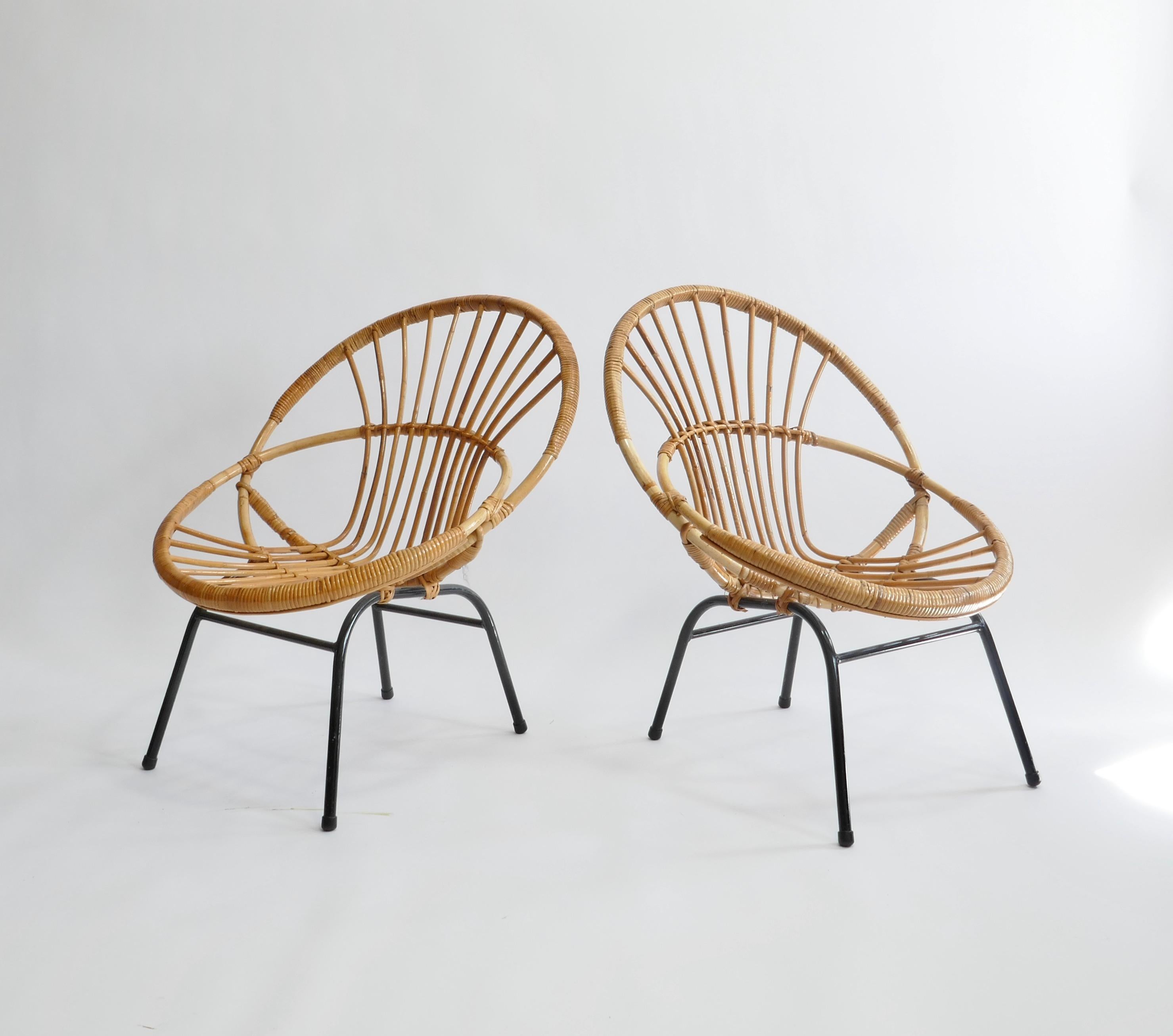 Mid-20th Century Pair of French Mid-Century Rattan Chairs, France 1950s For Sale