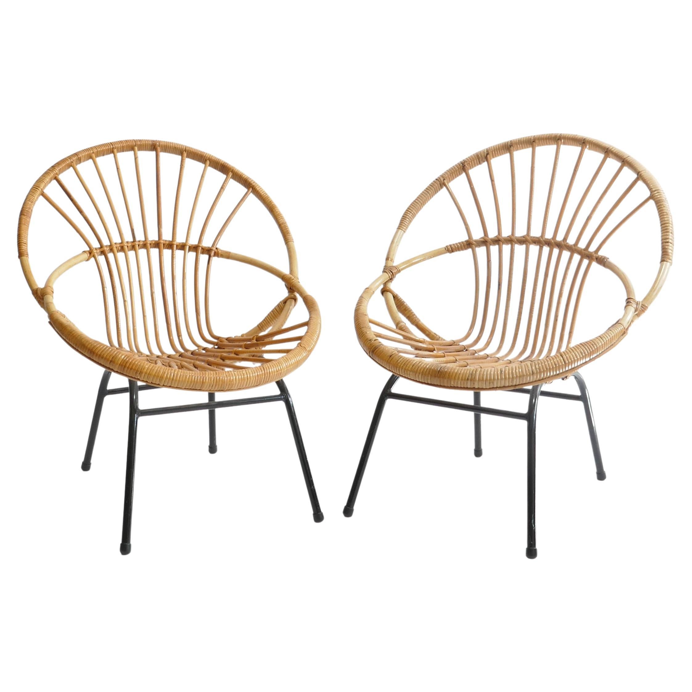 Pair of French Mid-Century Rattan Chairs, France 1950s For Sale
