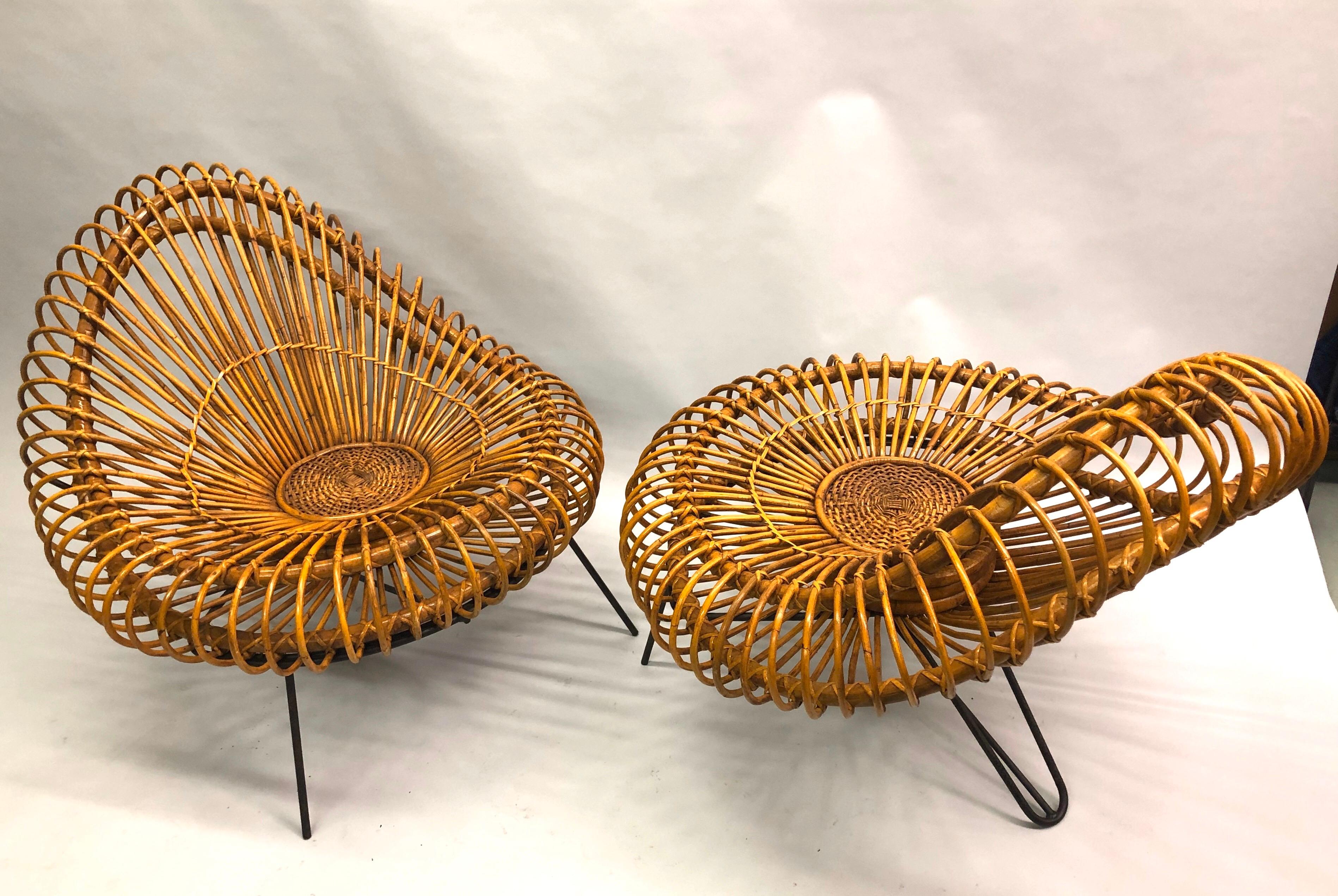 Pair of French Mid-century Rattan Lounge Chairs by Janine Abraham & Dirk Jan Roi In Good Condition In New York, NY